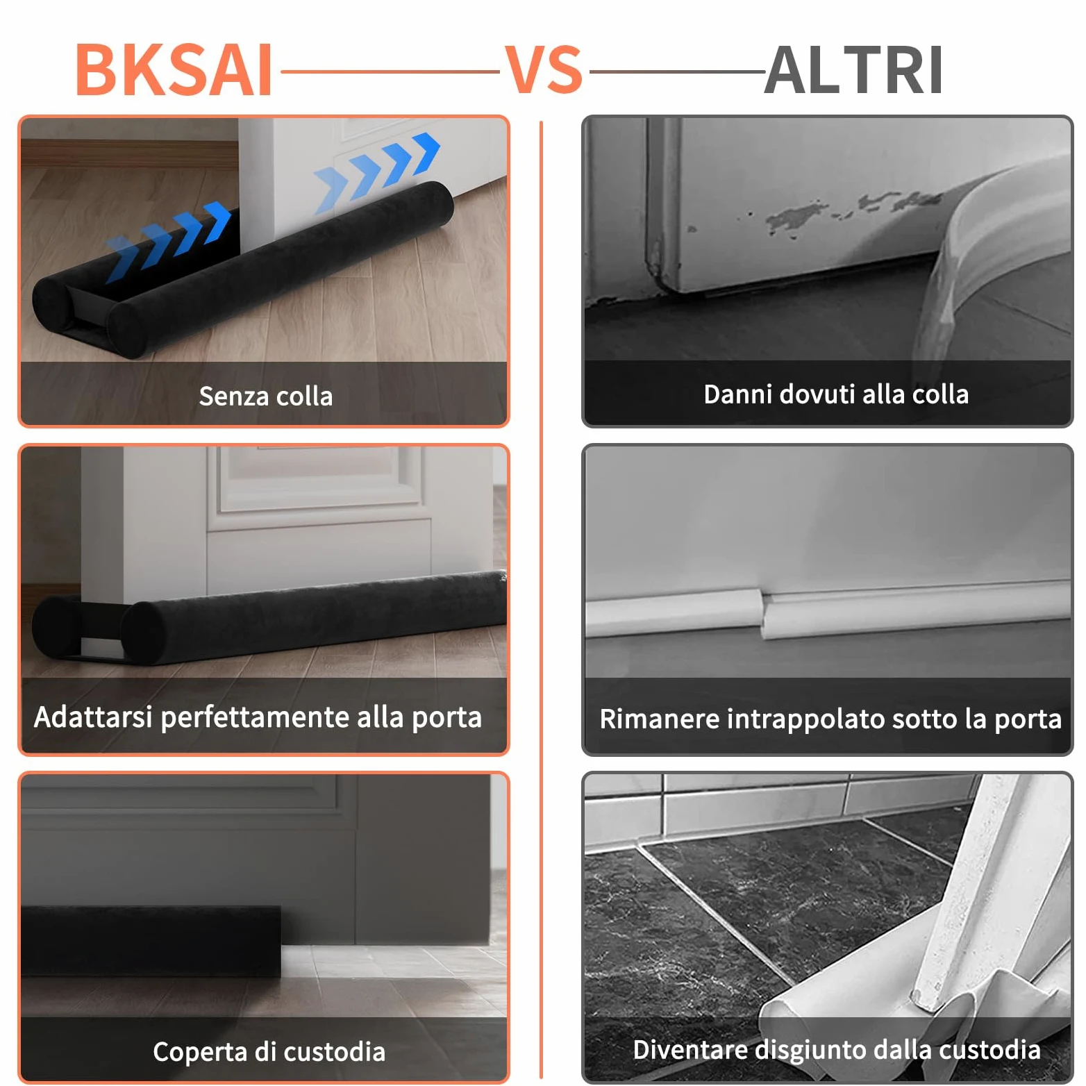 BKSAI Paraspifferi per Porte Guarnizione Inferiore Porte Senza Colla | Paraspifferi Doppia Guarnizione Isolante Termico Insonorizzato Antivento, Paraspifferi Sottoporta per Porte 60-75 cm Nero