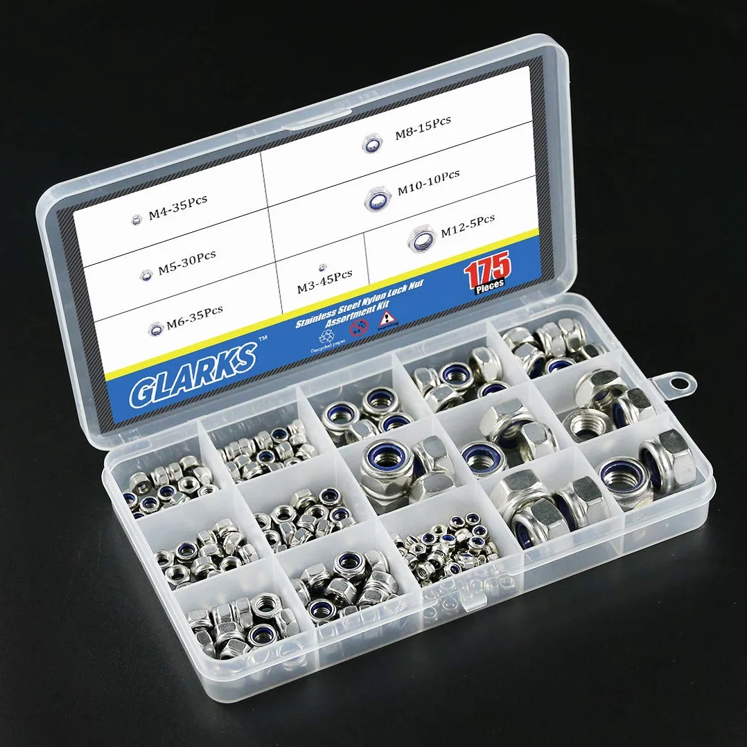 Glarks 175PCS metrica in acciaio INOX 304 dado di bloccaggio in nylon kit assortimento M3 M4 M5 M6 M8 M10 M12