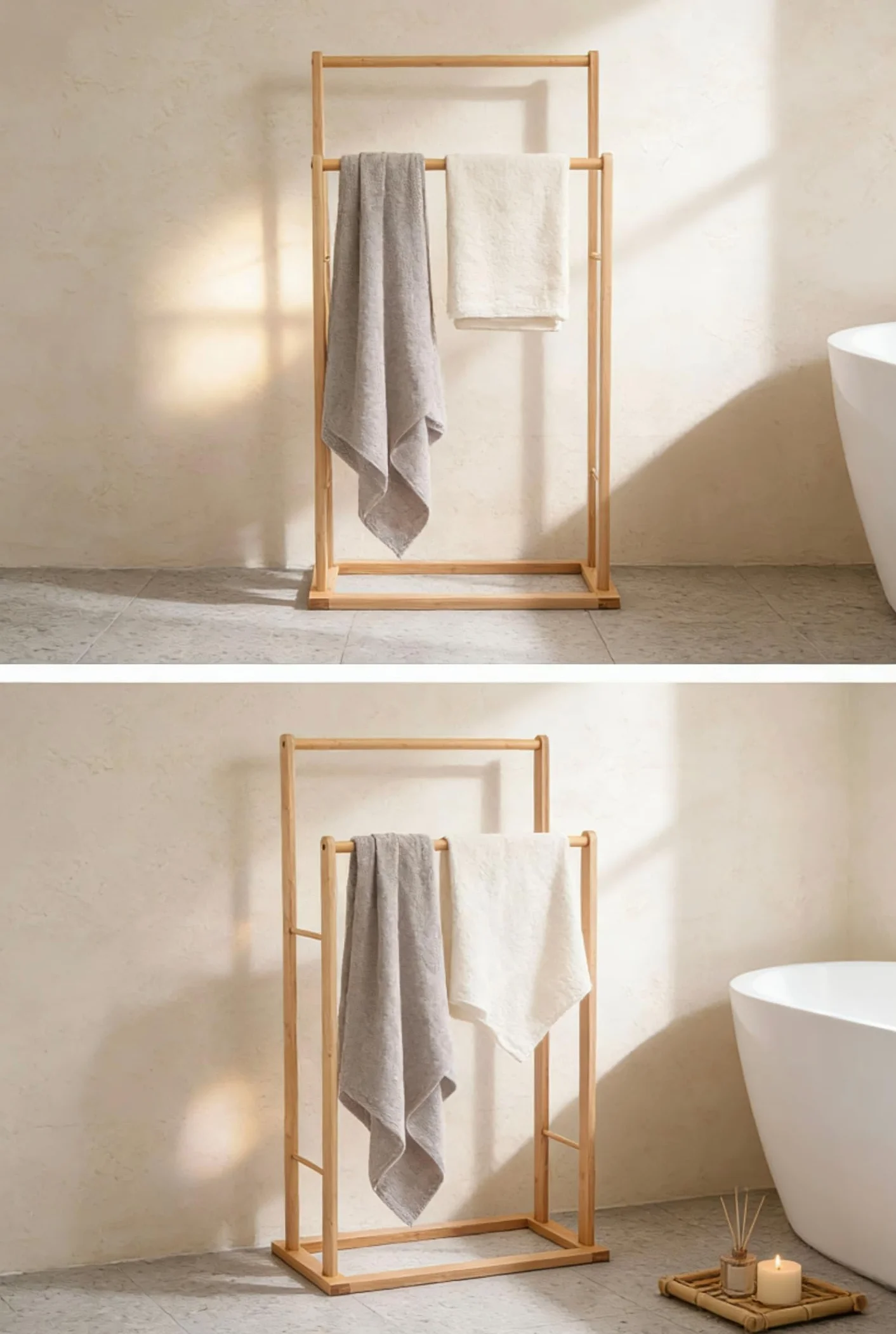 Portasciugamani Verticale in Bambù 2 Livelli Impermeabile 44.5×5×88 cm 2 Barre