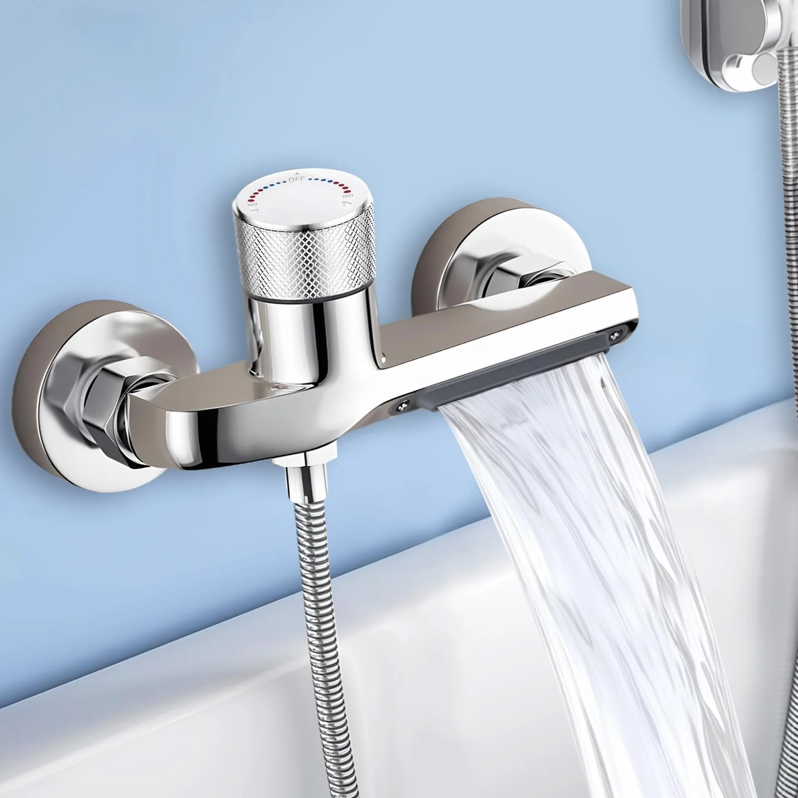 Rubinetto Vasca Doccia Termostatico a Parete, Bocca a Cascata, Corpo in Ottone Cromato, G1/2