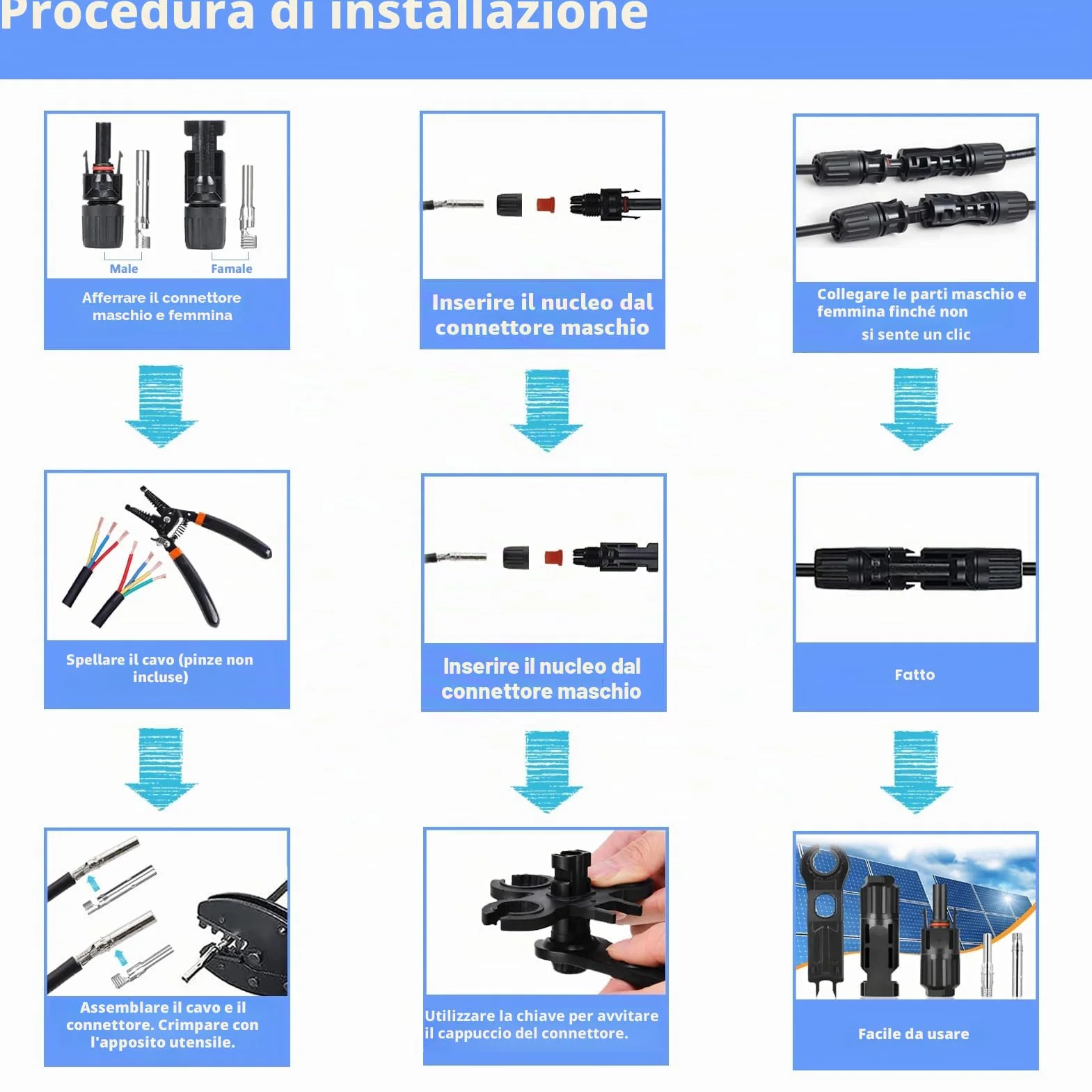 Kit Crimpatura Impianti Fotovoltaici 2.5/4/6 mm² Pinza Crimpatrice Connettori Maschio/Femmina