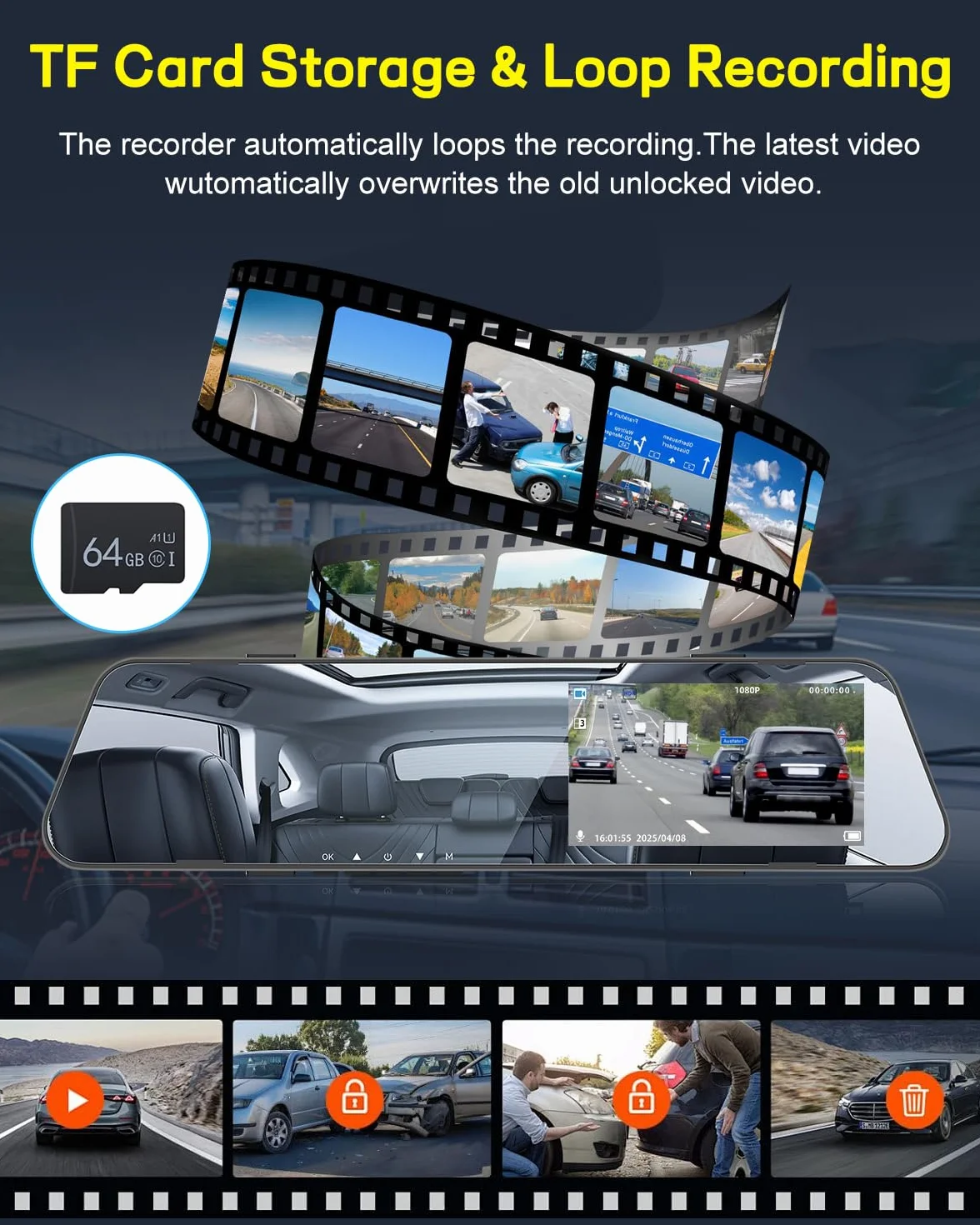 NHOPEEW 1080P Dash Cam con specchio e schermo da 4,5 pollici - Telecamere anteriori e posteriori Supporta registrazione in loop Controllo dell'esposizione della linea di retromarcia Visione notturna