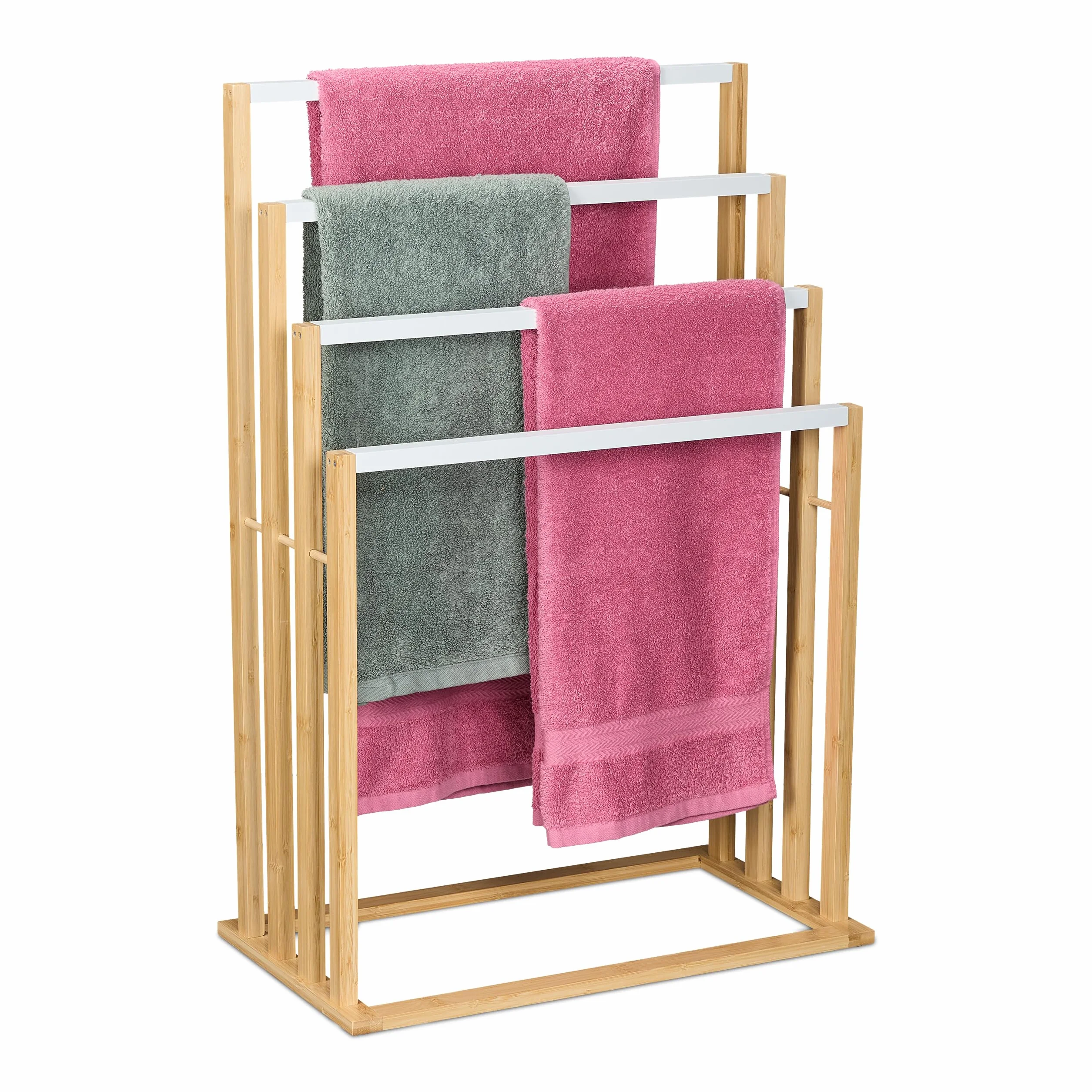 Relaxdays Piantana Portasciugamani in bambù da Bagno, 4 Bracci Appendi Asciugamani, HLP: 82x55x31 cm, Bianco Naturale