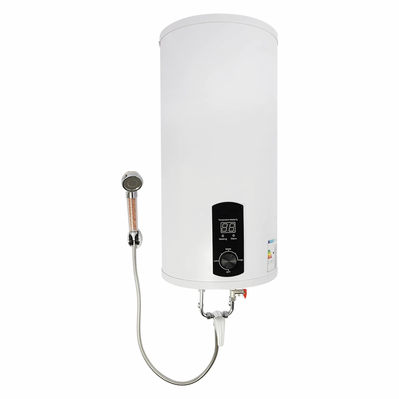 Scaldacqua istantaneo elettrico, 2000 W, serbatoio da 80 l, 35-75 °C, indicatore LED con soffione doccia, supporto doccia, bianco