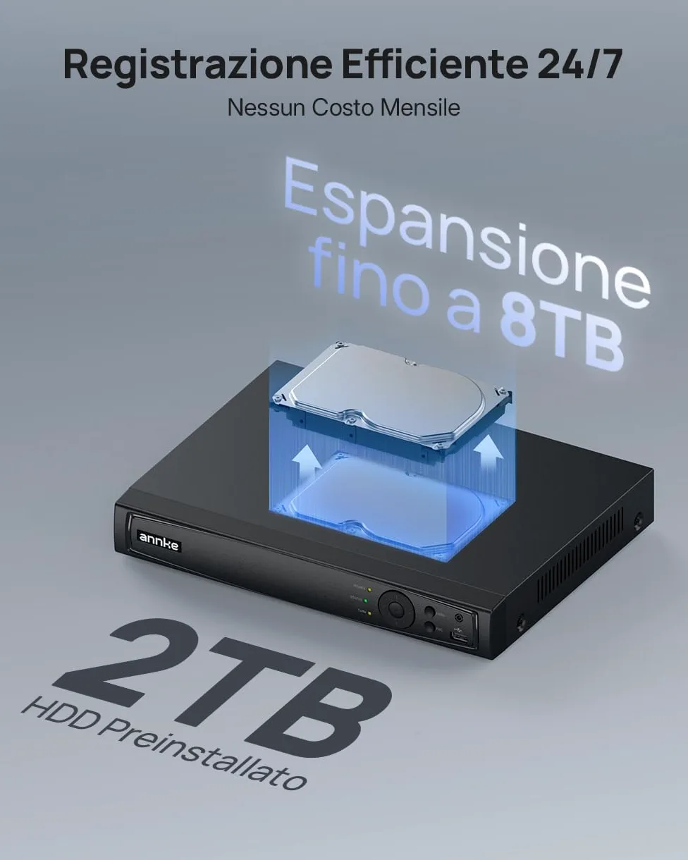 ANNKE Sistema Videosorveglianza PoE 12MP con NVR 8CH HDD 2TB | 4 Telecamere IP da Esterno, Rilevamento Intelligente di Persone e Veicoli, Visione Notturna IR fino a 30 m, IP67, 24/7