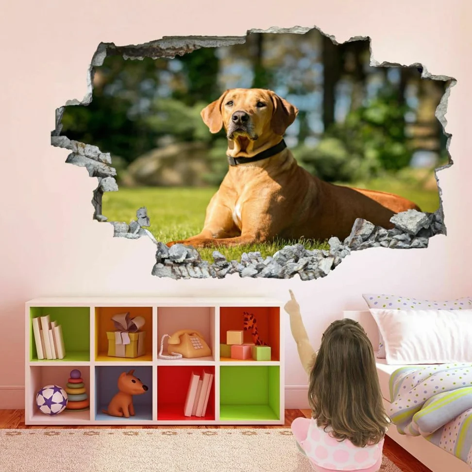 Decorazioni da parete Adesivi 3D fracassati Cane Rimovibile Art Wall Tattoo Famiglia di animali Decalcomanie da muro per la casa Nursery Ragazze Bambini Soggiorno Camera da letto Decorazione