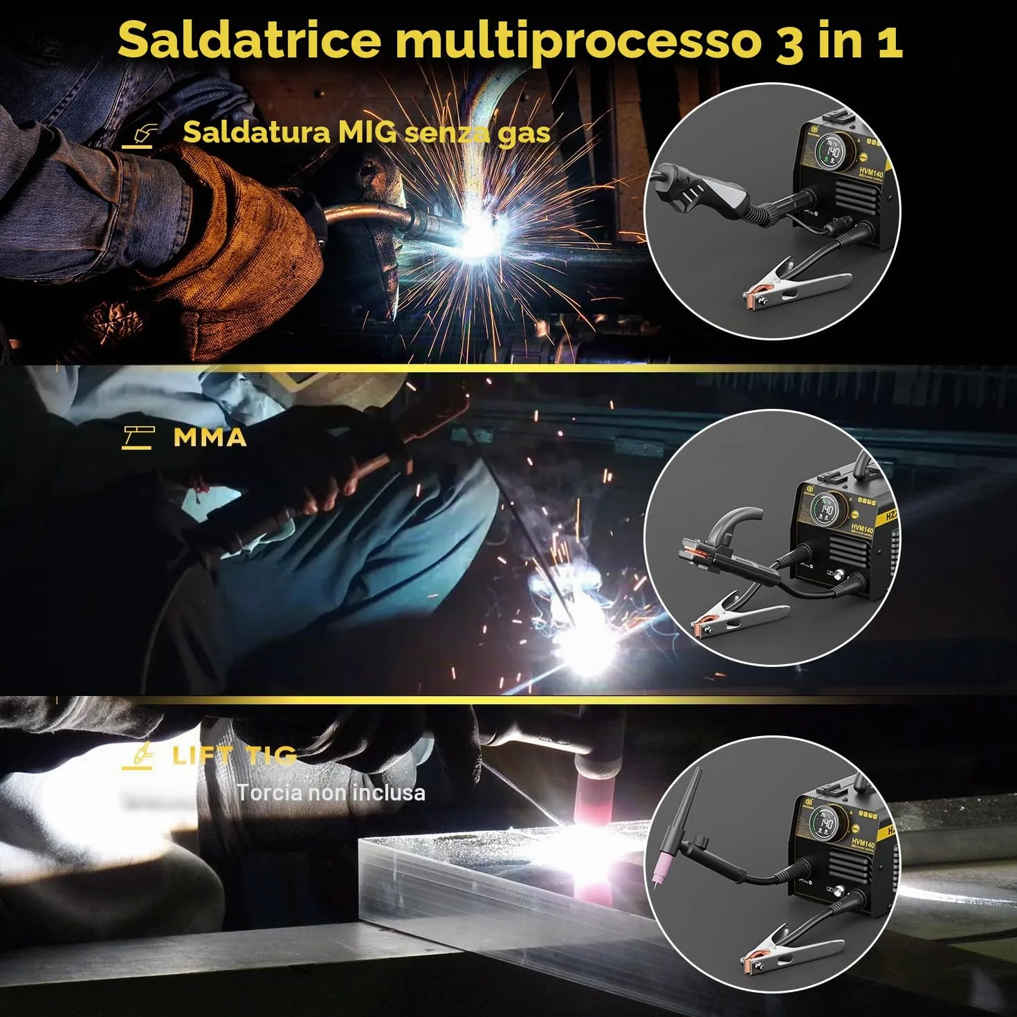 Saldatrice A Filo No Gas 140A 230V 3 in 1 Inverter MIG/MMA/Lift TIG HVM140