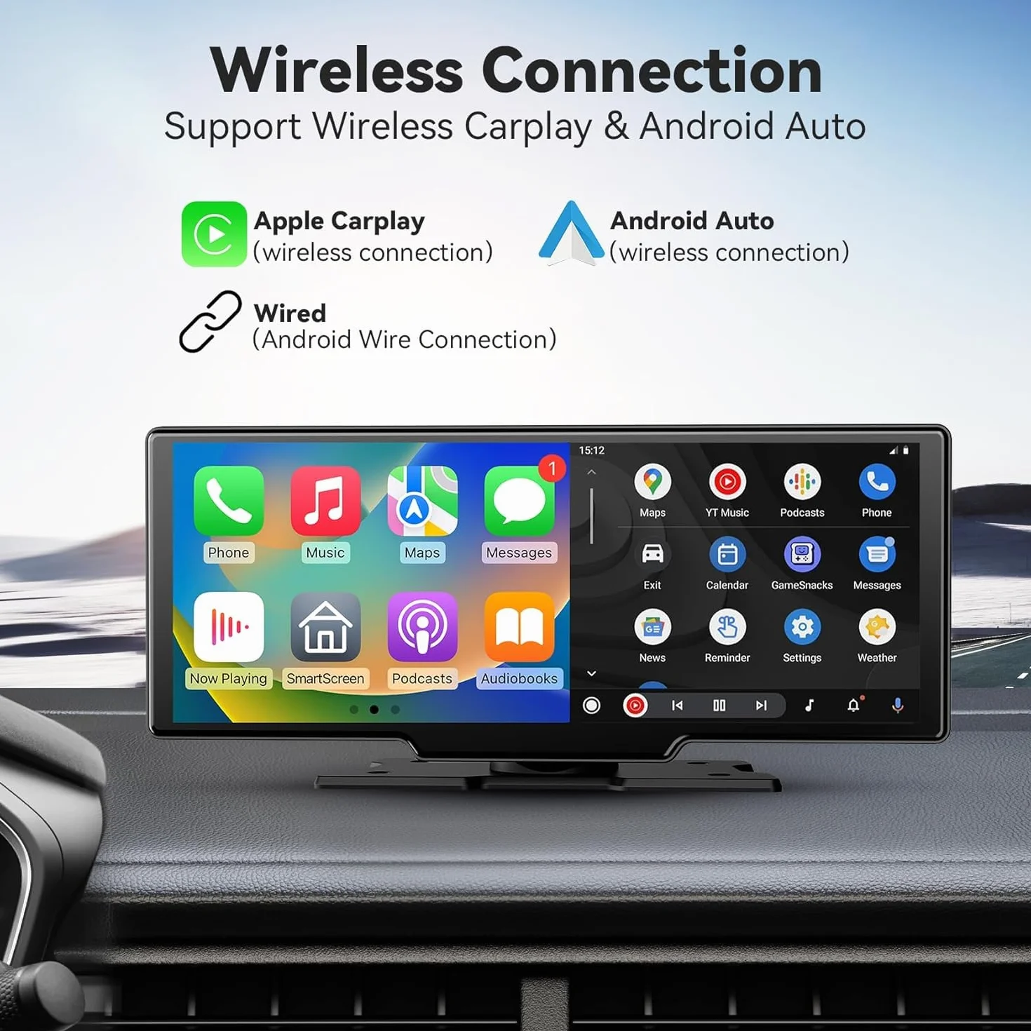 Carplay Display Android Auto Display da 10,26 pollici Wireless Android Auto Display per Auto Touch Screen con Dash Cam, Telecamera di retromarcia, Bluetooth,Siri,Bluetooth,FM, AUX,Mirror