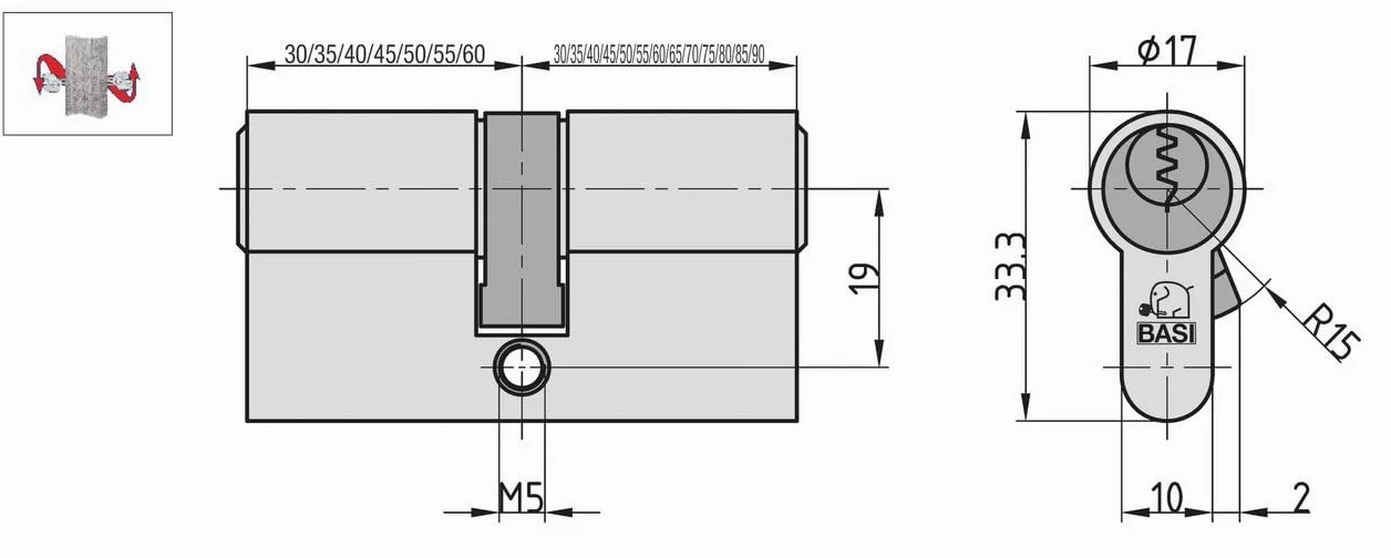 BASI AS – 40/60 mm doppio cilindro, GL, N+G, 3 chiavi a cilindro, 5 pin, protezione da fori, ottone opaco nichelato, testato secondo DIN 18252:2006-12.