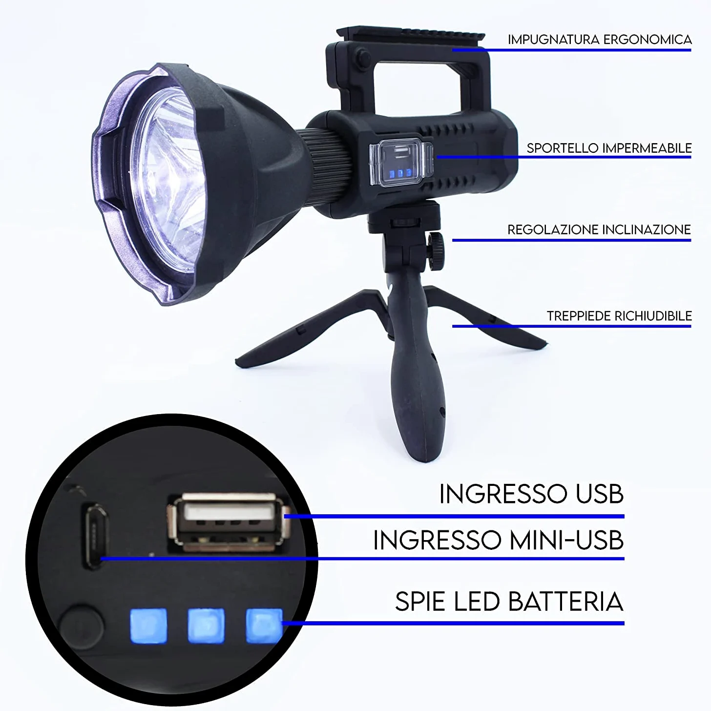 Torcia Led Militare Ricaricabile Powerbank, Lampada Potente 100W 20000 Lumen, Portatile Super Luminosa con 4 Modalità, Luce con Treppiede Supporto, per Pesca Caccia Campeggio Escursionismo Trekking
