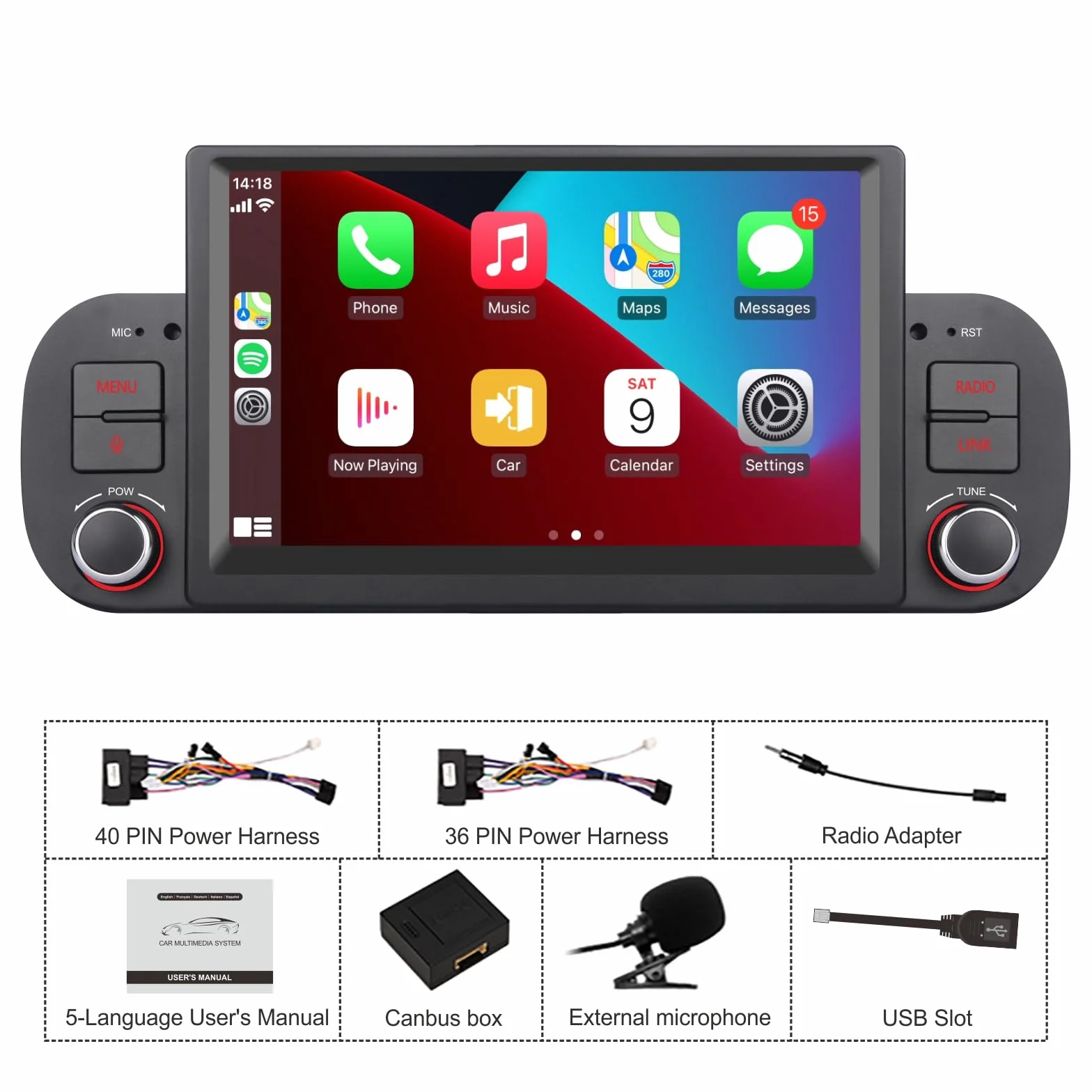 Autoradio doppio DIN per FIAT Panda 2013-2020 Apple Wireless Carplay e Android Auto Voice Control con display touch IPS da 7 pollici/Bluetooth/FM/AM/USB/EQ