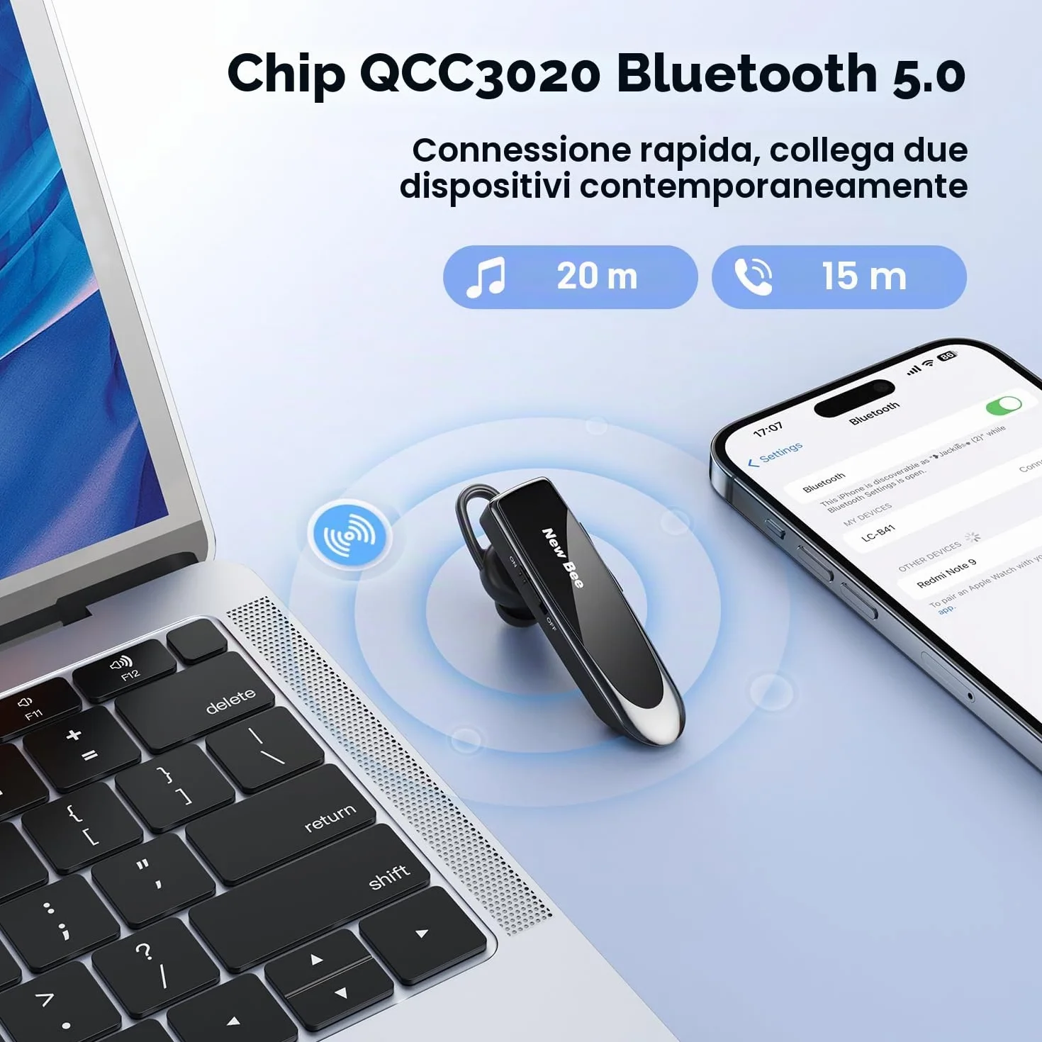 New Bee Auricolare Bluetooth V5.0 a mano libera auricolare Bluetooth con tecnologia di cattura vocale chiara Kit auricolare- invisibile per iPhone Samsung Huawei Sony ecc (nero)