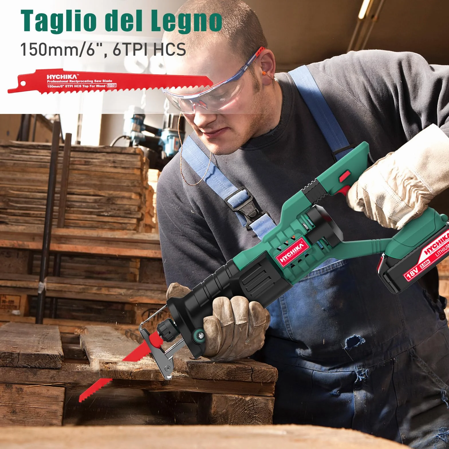 HYCHIKA Sega a Gattuccio, Seghetto A Batteria 18V, 2 batterie 2,0Ah, Velocità Variabile 0-2800 SPM, 2 Lame, Caricabatterie rapido, Luce LED, Adatto per Tagliare Legno e Metallo