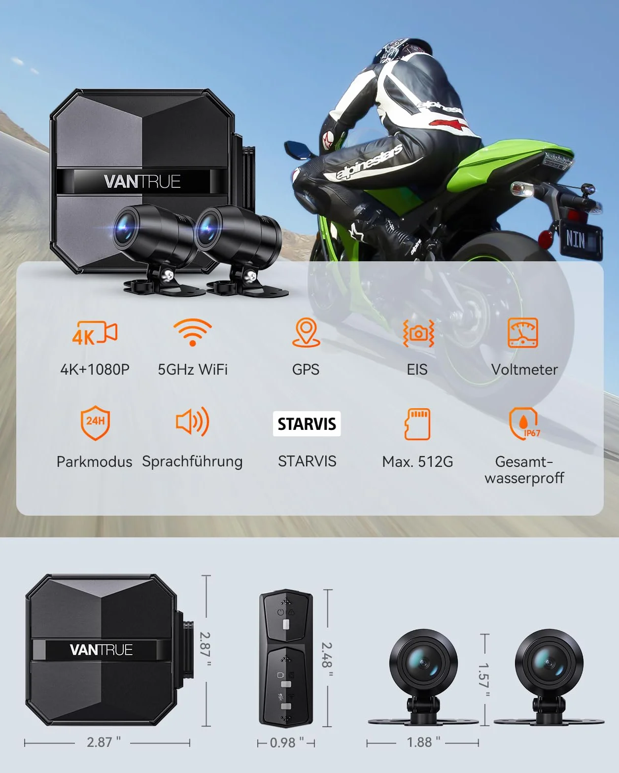 VANTRUE F1 4K+1080P Telecamera Moto Impermeabile IP67, 5GHz WiFi GPS Dash Cam Moto, Avvisi Vocali, 24H Rilevamento Collisione，Statistiche Chilometriche，WDR & HDR & APP, 300° Max 512G