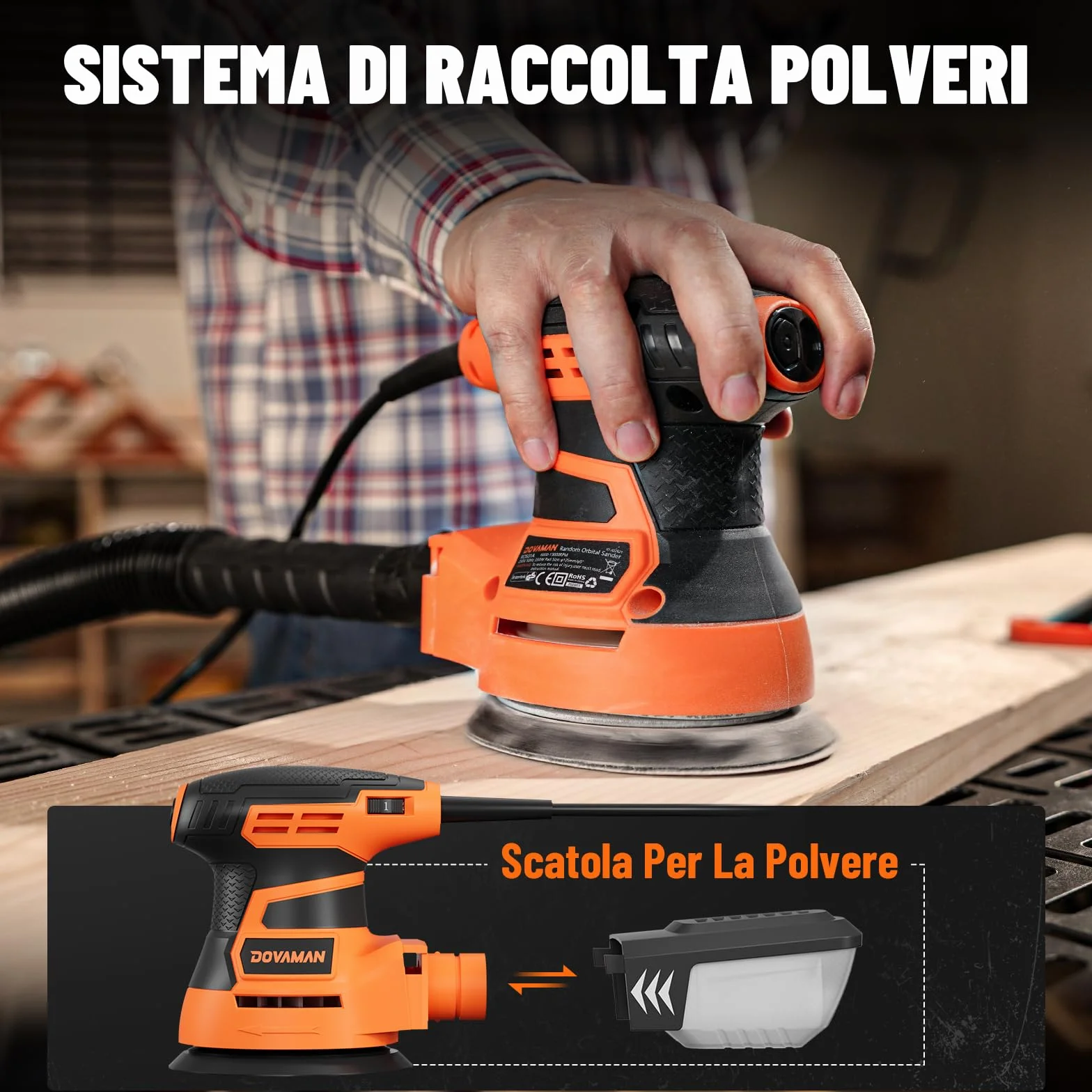 DOVAMAN ROS01A Levigatrice Orbitale,350W, 6 Velocità Variabili, 13000 RPM, 12 Fogli Abrasivi, Disco da 125mm, Raccolta della Polvere, Levigatrice Elettrica per Superfici in Legno e Acciaio