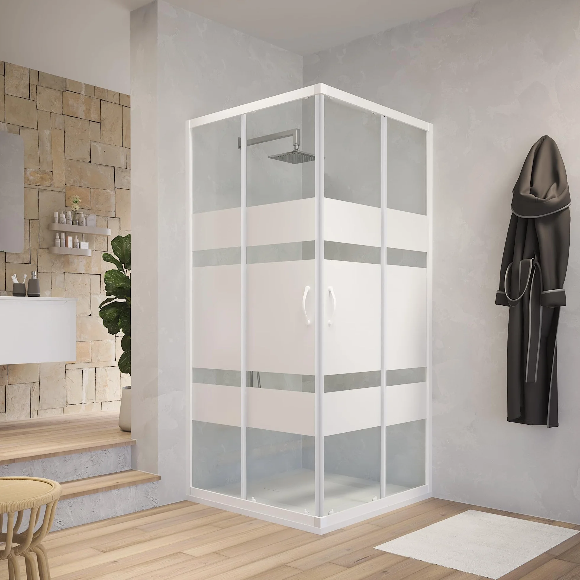 Box Doccia Angolare 75x75 cm Vetro Serigrafato 4 mm Profili Bianchi h185cm Grenada