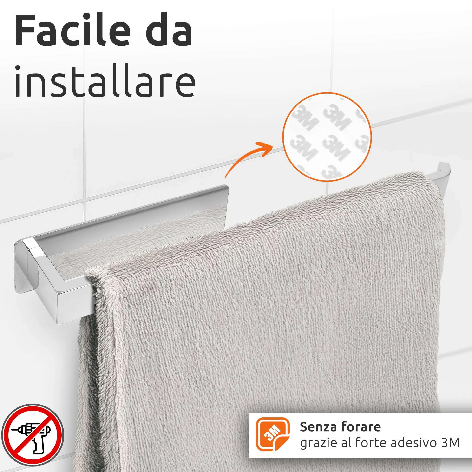ECENCE Porta Asciugamani Bagno Adesivo 3M cromo 38cm Acciaio Inox 304 Antiruggine