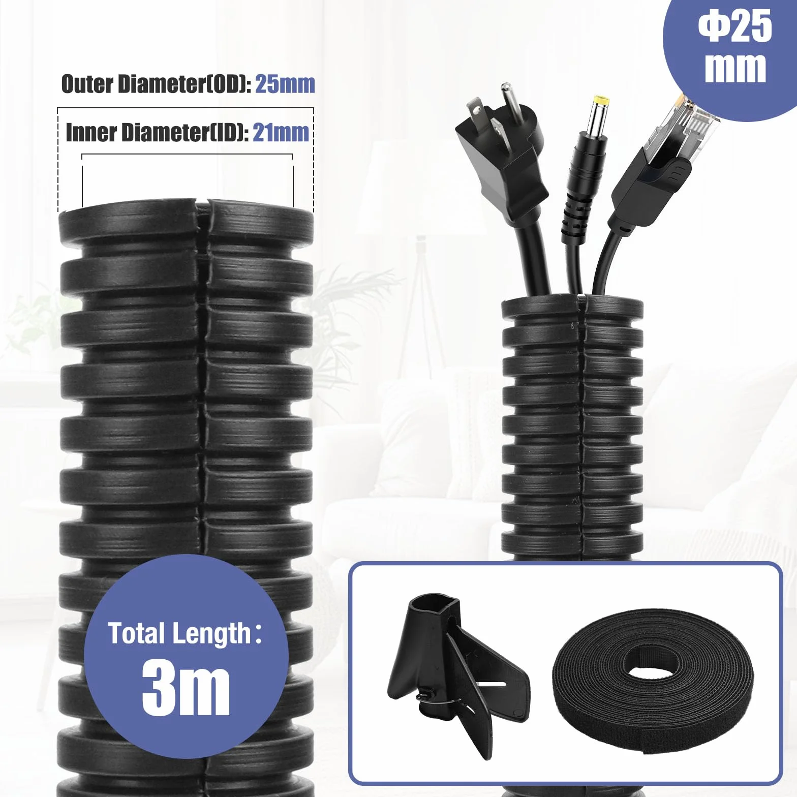 Tubo corrugato guaina per cavi flessibile copricavi elettrici canalina elettrica da esterno protezione per cavi (Nero, 25mm×3m)