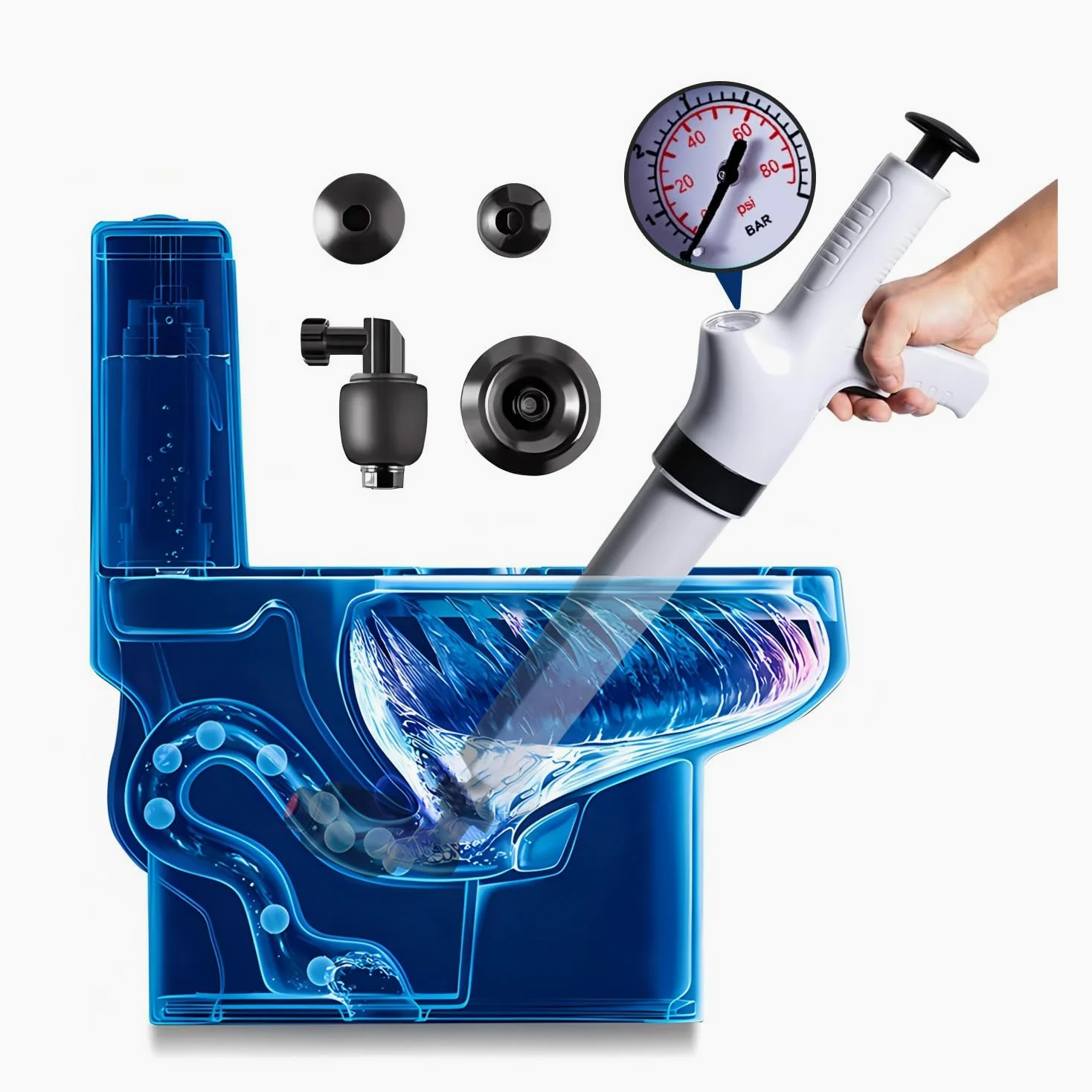 Desatascador WC a Presion con Manometro Visivo, Desatascador Tuberias Profesional con 4 Ventose, Desatascador AIRE Comprimido, per WC, lavandino, Vasca da Bagno