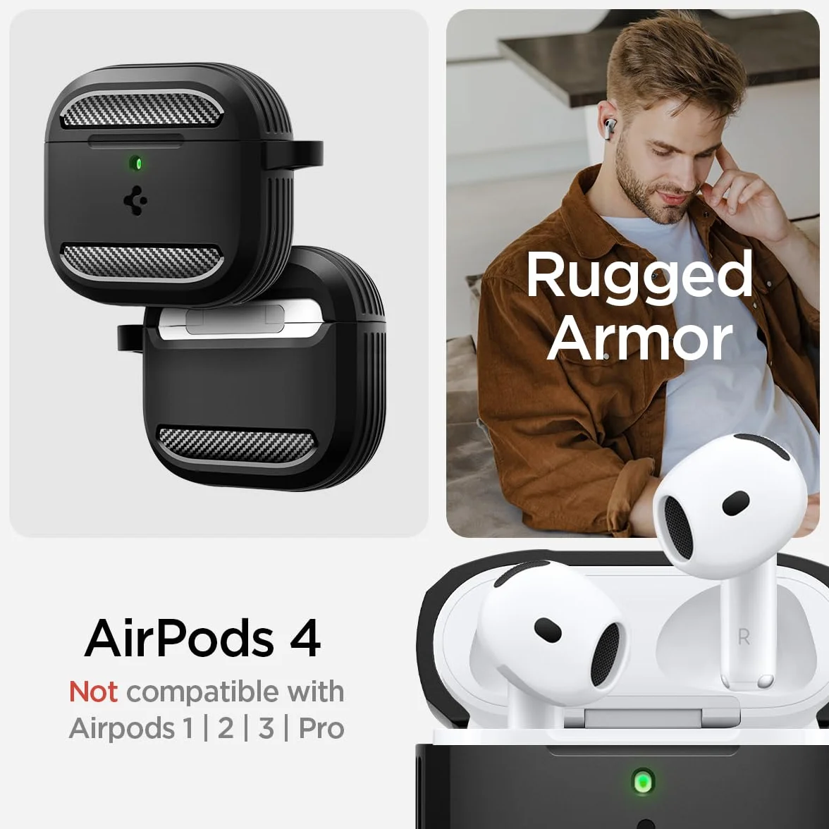 Spigen Cover Rugged Armor Compatibile con AirPods 4 (2024), Custodia AirPods 4 - Nero Opaco