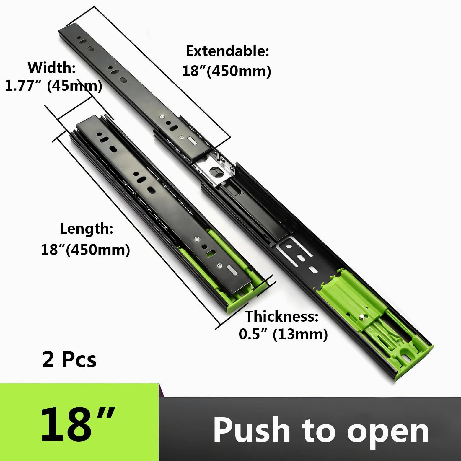Guide per Cassetti con Apertura a Pressione, 250 300 350 400 450 500 550 mm Binari con Cuscinetti a Sfera a Estrazione Totale, Capacità 45 kg(18in/450mm)