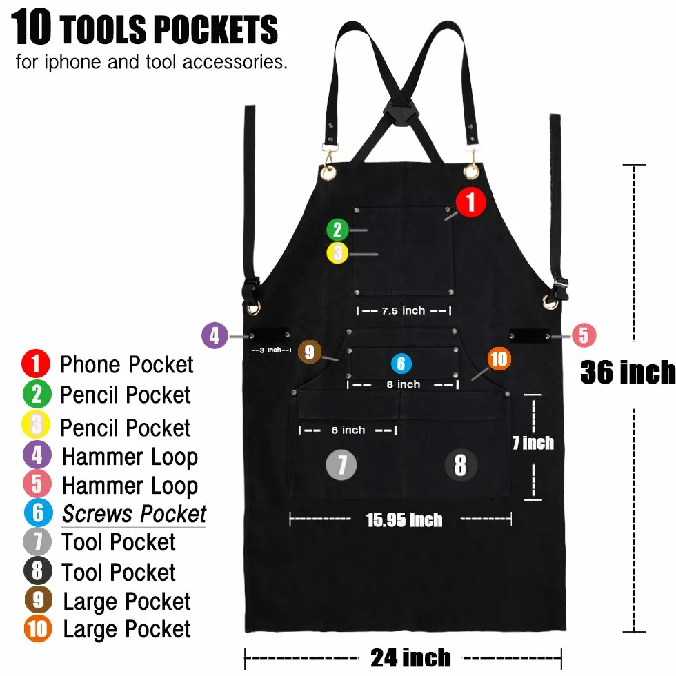 QeeLink Grembiule da Lavoro per Carpentiere con 10 Tasche, Grembiule Saldatura Tela Ignifugo con Cinturino Incrociato sul Retro, Grembiule Falegname Regolabile da M a XXXL per Artigiano e Officina