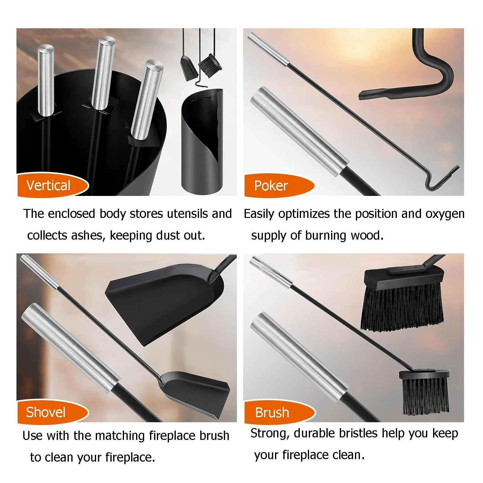 Set di 4 attrezzi per caminetto con attizzatoio, spazzola, pala e supporto, in ferro battuto, resistente al calore, decorazione per la casa e il camino