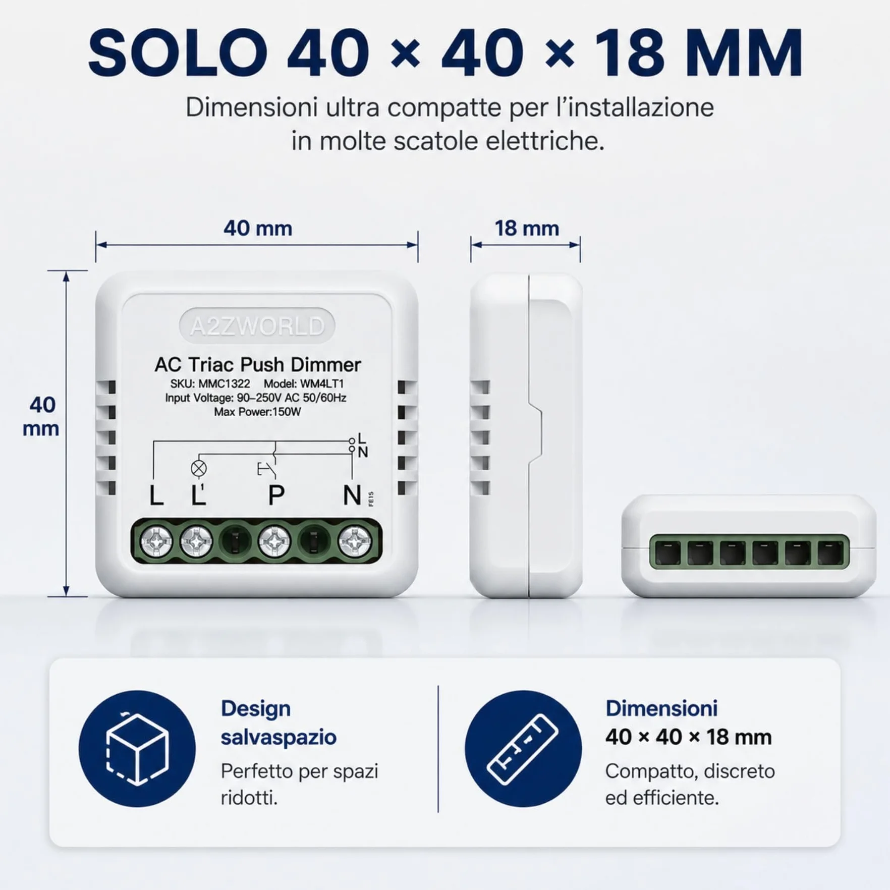 10 PCS Dimmer Triac a Pulsante 220V 150W, Comando Fase o Neutro, Regolabile 10-100%, Sincronizzabile, Memoria, Da Incasso e Barra DIN, Per Led Dimmerabile,40x40x18mm