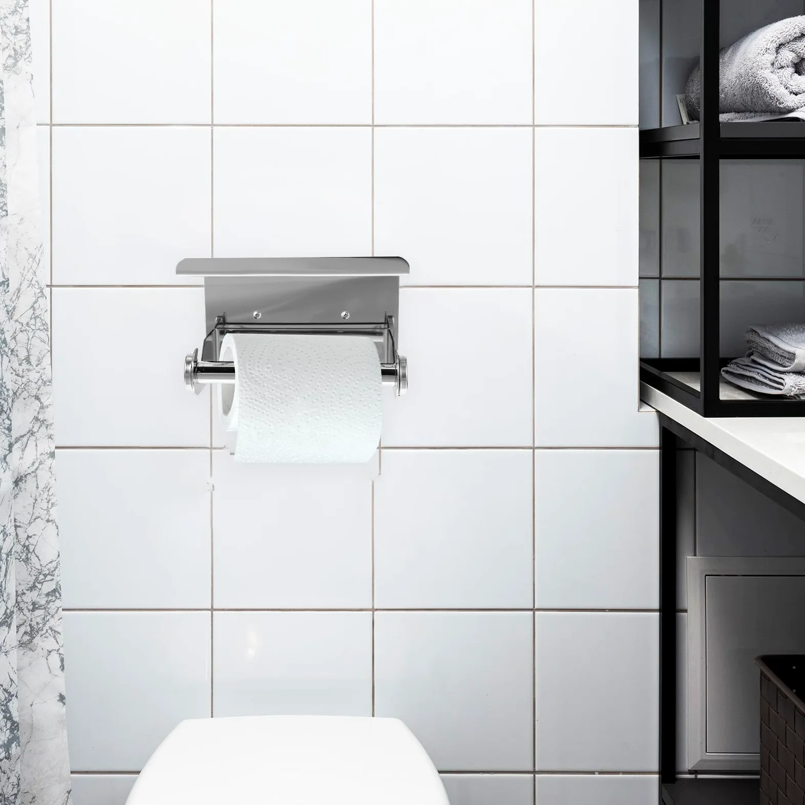Portarotolo da Bagno in Acciaio Inox 304 con Ripiano | Montaggio a Parete, Finitura Argento, Uso per Hotel e Bagno di Casa, Struttura Anti-ruggine