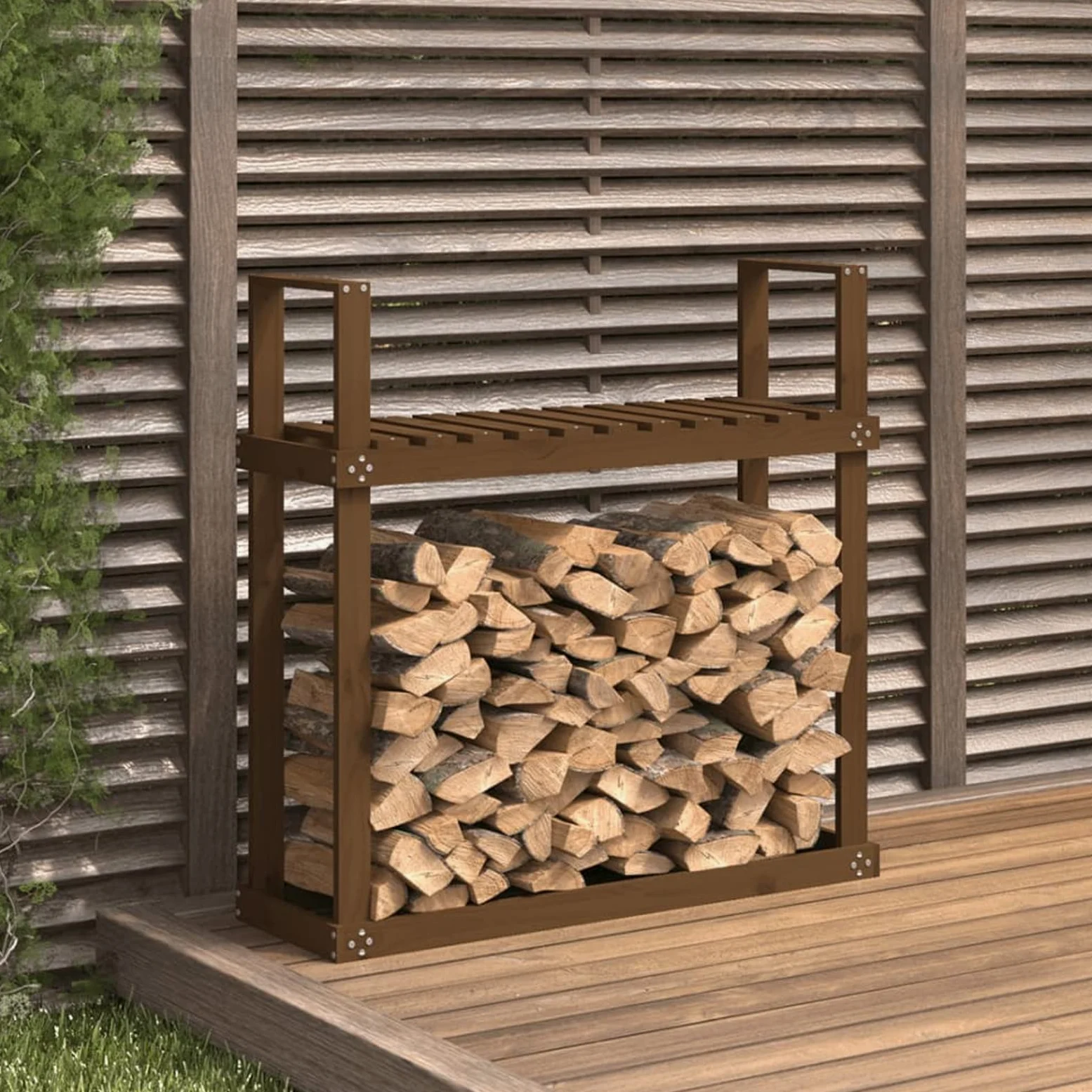 Homgoday Portalegna Marrone 110x35x108,5 cm in Legno Massello di Pino, Portalegna da Interno, Portalegna da Ardere, Porta Legna per Camino, Legnaia da Interno, Impilabile Stufa Ripiano Legno