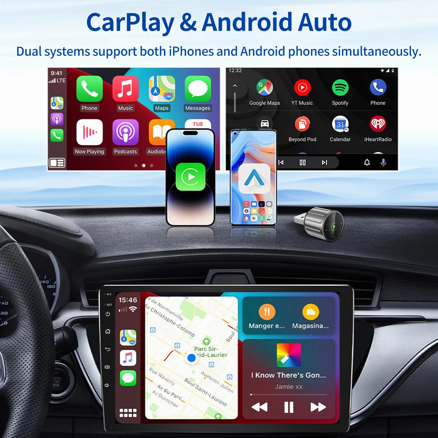Adattatore 2 In 1 Wireless Carplay E Android Auto,Converte Da Cablato A Wireless, Connessione Automatica, Plug & Play per auto con CarPlay cablato,Supporta iOS 10+ e Android 11+ (Grigio)