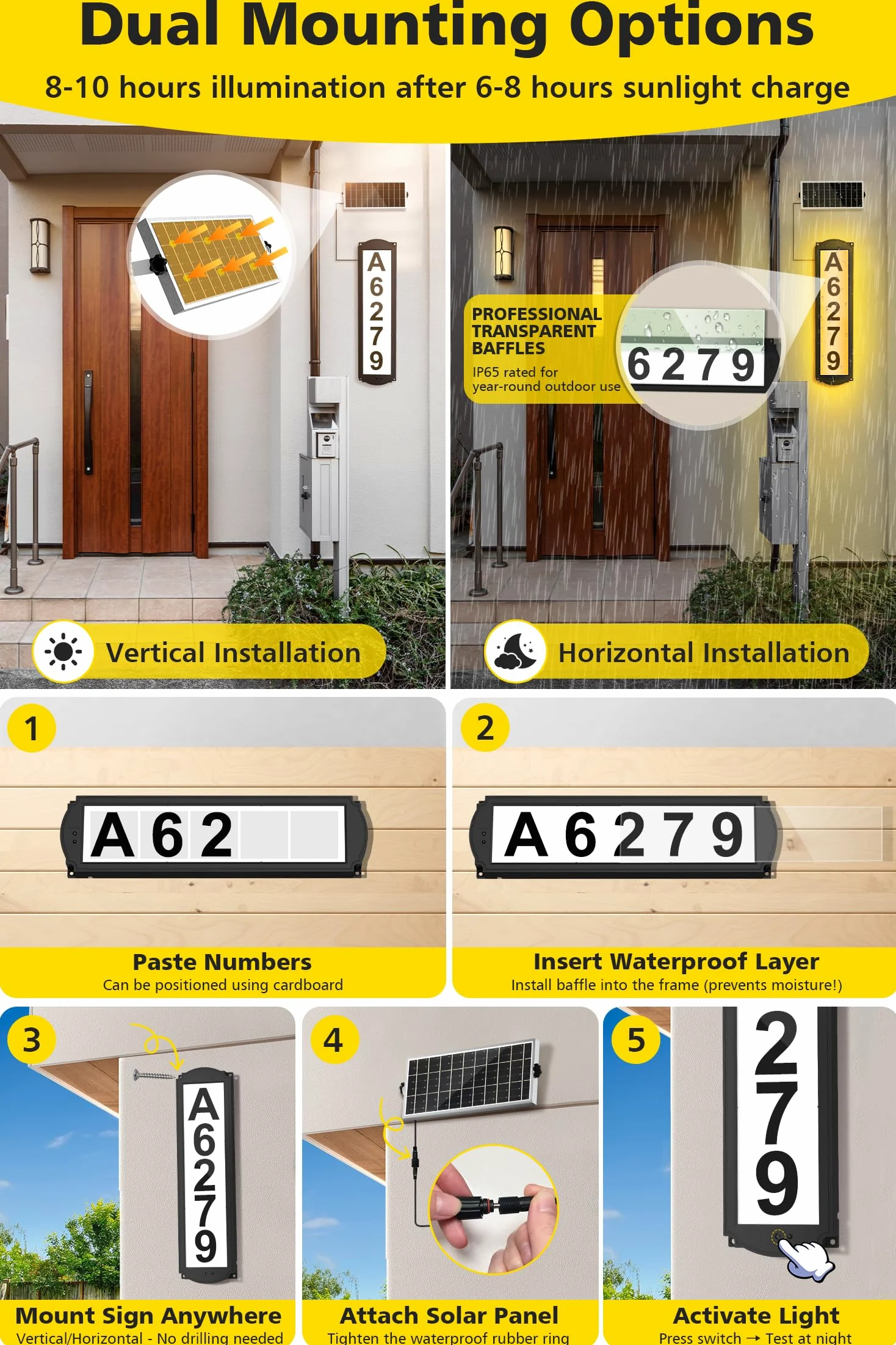 T-SUN Segnaletica solare per cortile, numeri civici a LED per esterni, impermeabile IP65, targa per casa con 3 luci – Indicatori di indirizzi illuminati per vialetto, casa e strada
