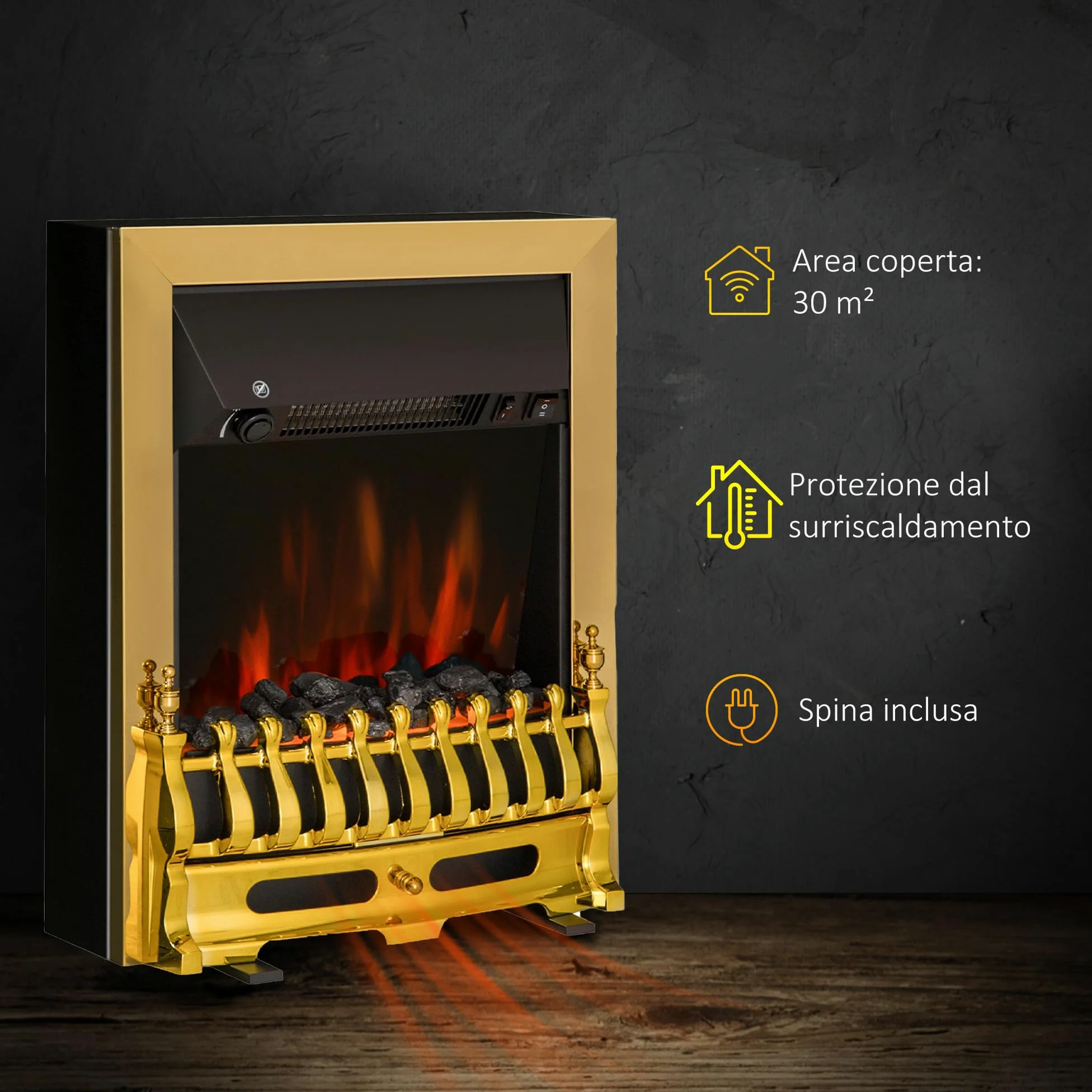 HOMCOM Camino Elettrico da Terra 1000/2000 W, Effetto Fiamma LED, Oro | Caminetto Elettrico, Protezione da Surriscaldamento e Ribaltamento, Riscaldamento Regolabile
