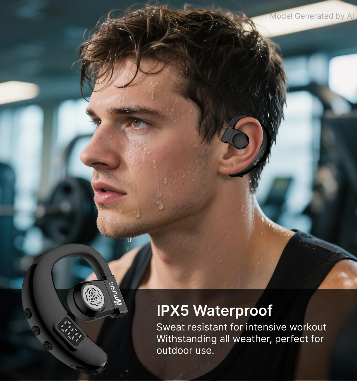 Hmusic Auricolare Bluetooth Singolo V5.4, Rotazione 180°, per Orecchio sinistro e destro, IPX5 Impermeabile, 20 Ore di Autonomia con microfono ENC, per guida, lavoro e sport (nero)