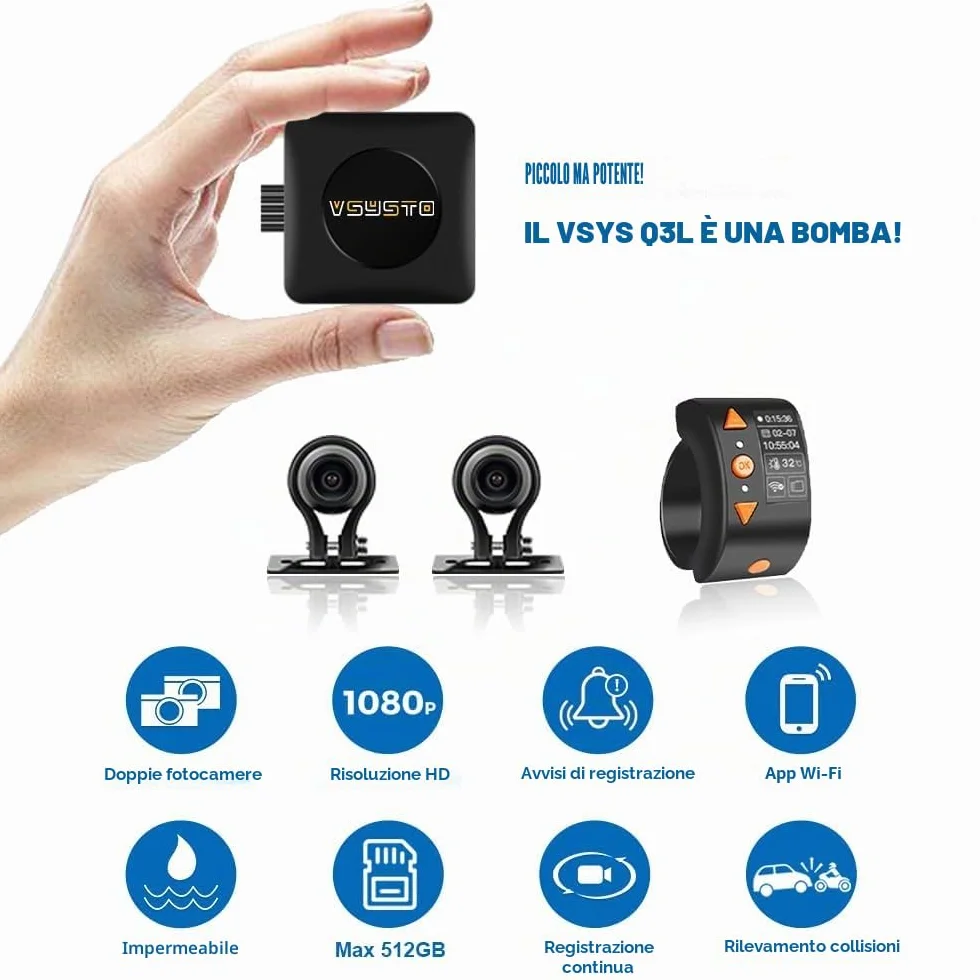 VSYSTO WiFi Dash Camera per moto, controller con display OLED, download video ad alta velocità, telecamera anteriore e posteriore 1080P, avviso in caso di vibrazioni anomale, sensore G (Q3L)