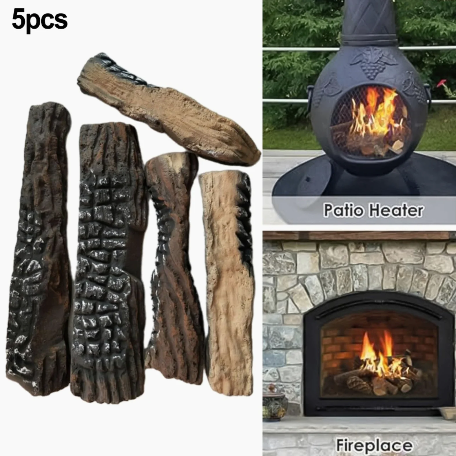 5 tronchi artificiali per caminetti a bioetanolo e a gas, resistenti al calore, in finto legno decorativo con consistenza realistica, set di legna da ardere in ossido di magnesio leggero per
