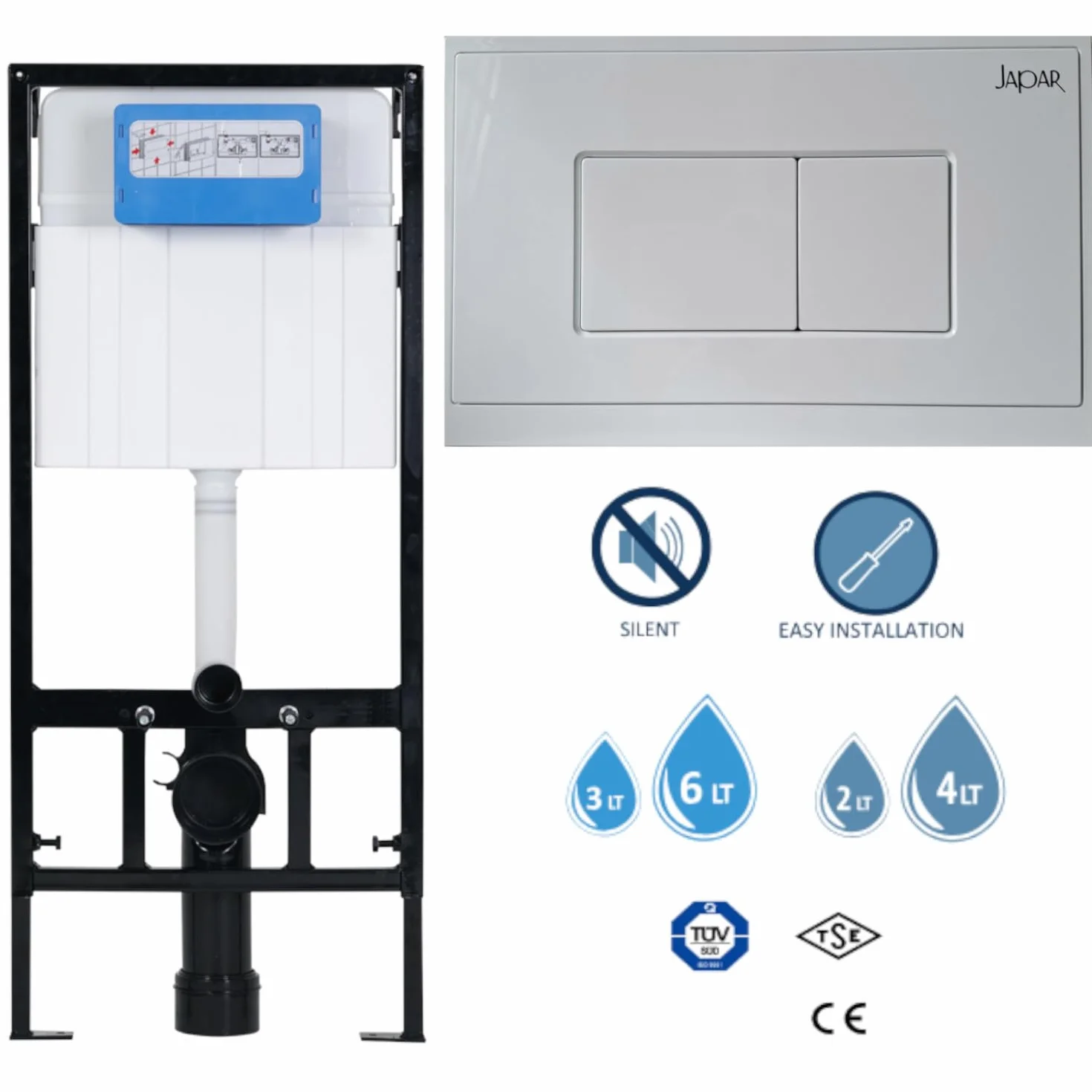 Wc sospeso bianco senza bordo con funzione bidet e rubinetto acqua calda/fredda + sedile in Duroplast Soft Close + WC Slim nascosto telaio 3 in 1 set WC sistema di installazione