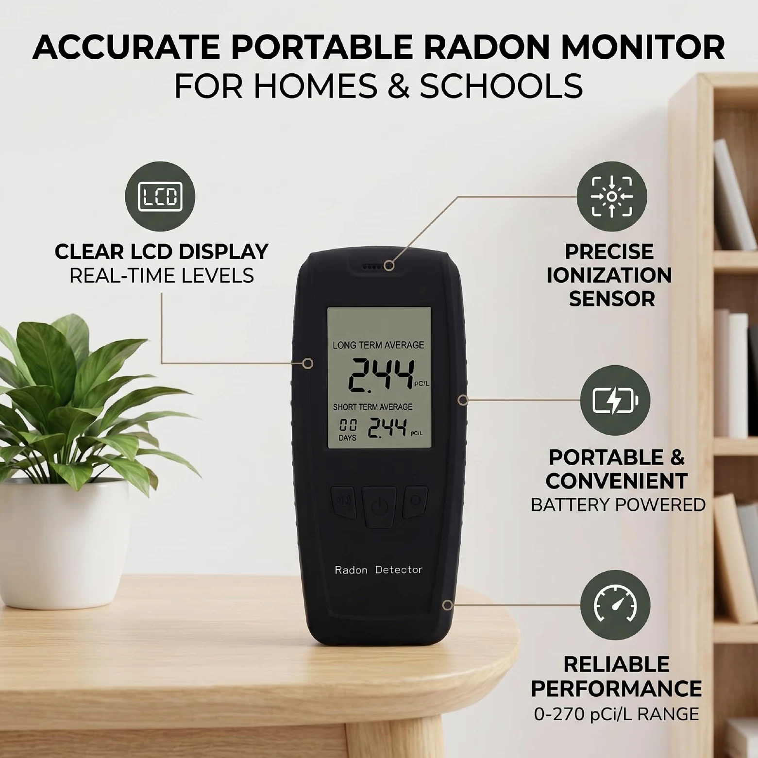 Luocute Rilevatore di Radon Portatile, Display LCD Digitale 0-270pCi L Monitor di Radon con Sensore Ionico Avanzato, Allarmi Visivi Acustici, Archiviazione Dati a Lungo Termine per