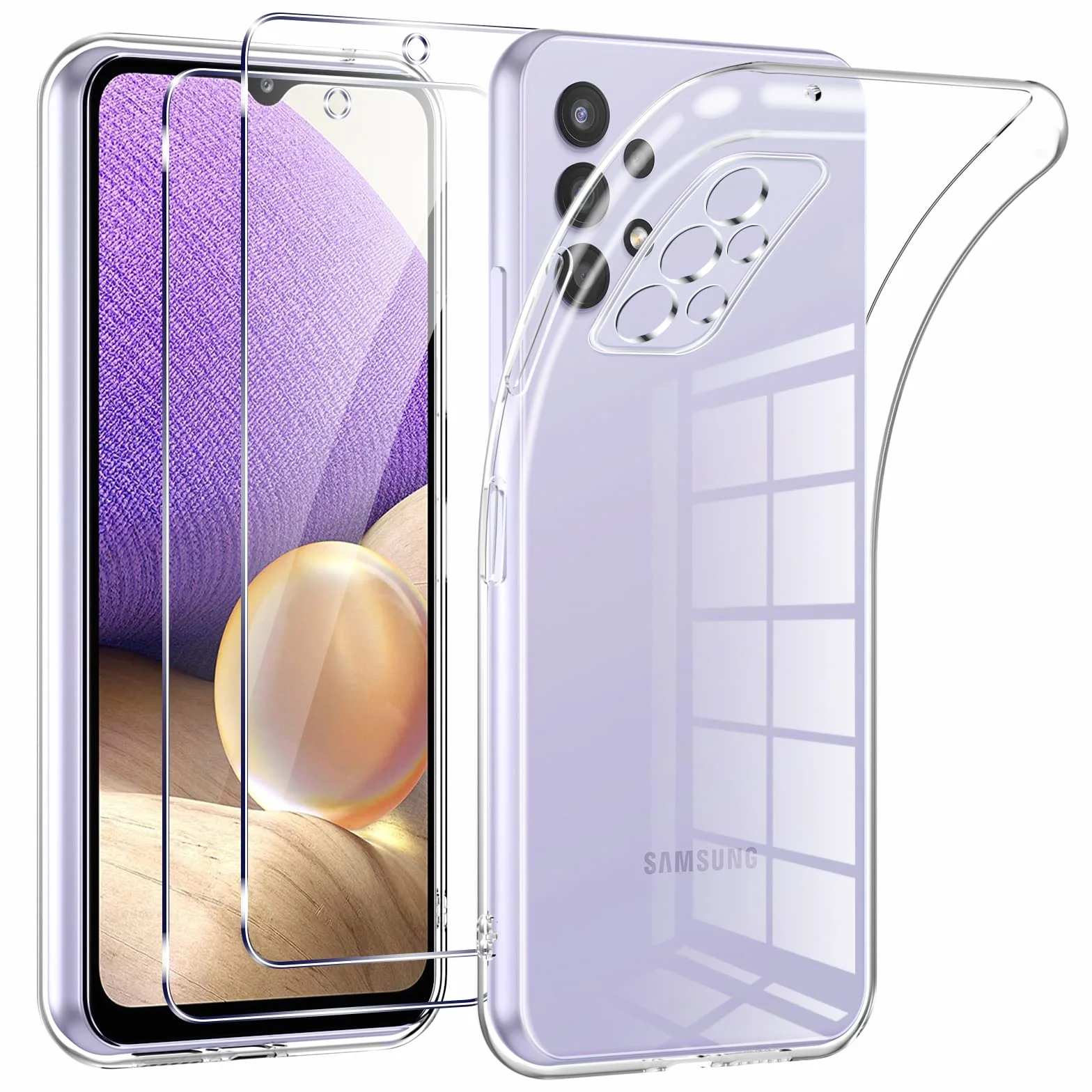 Phoona Cover per Samsung Galaxy A32 4G Custodia con 2 Pezzi Pellicola Vetro Temperato,Ultra Sottile Trasparente Silicone Protettiva Case per Samsung A32 4G Sottile Morbida Antiurto Cover