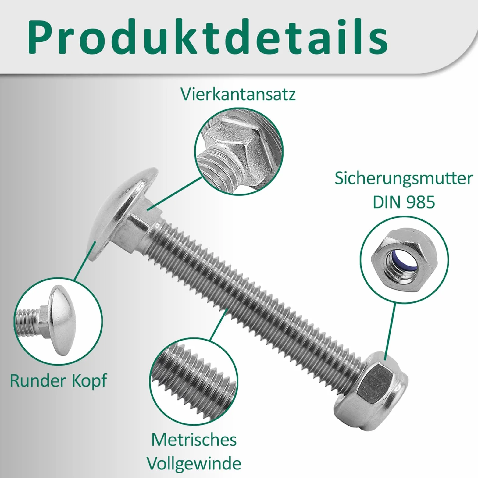 Viti a testa tonda M12 x 60 mm DIN 603 Dado di sicurezza M12 DIN 985 Acciaio inox A2/V2A 10 pezzi