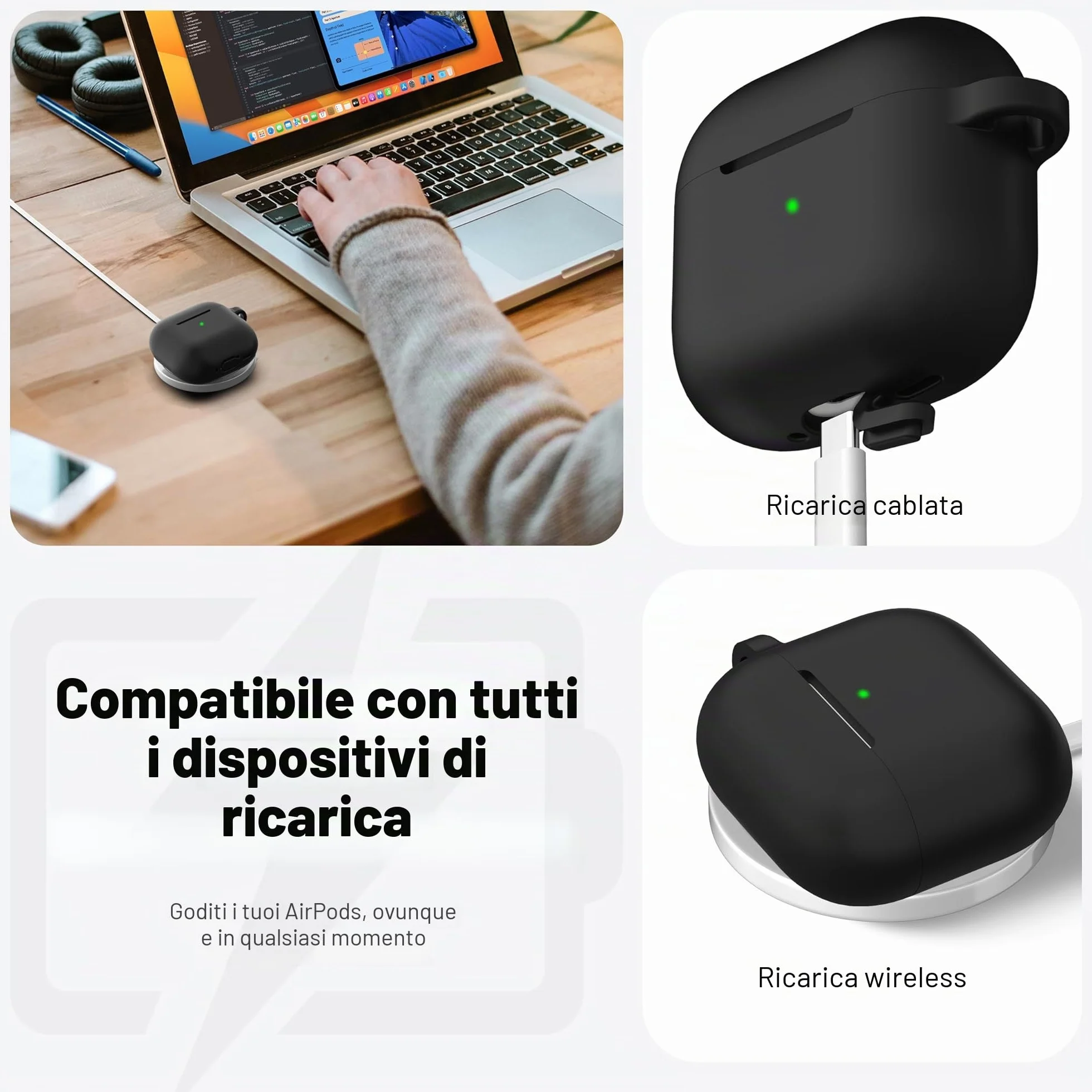 R-fun Custodia per Airpods 4, custodia morbida in silicone con portachiavi, copertura protettiva completa compatibile con Airpods 4th di Apple, Nero
