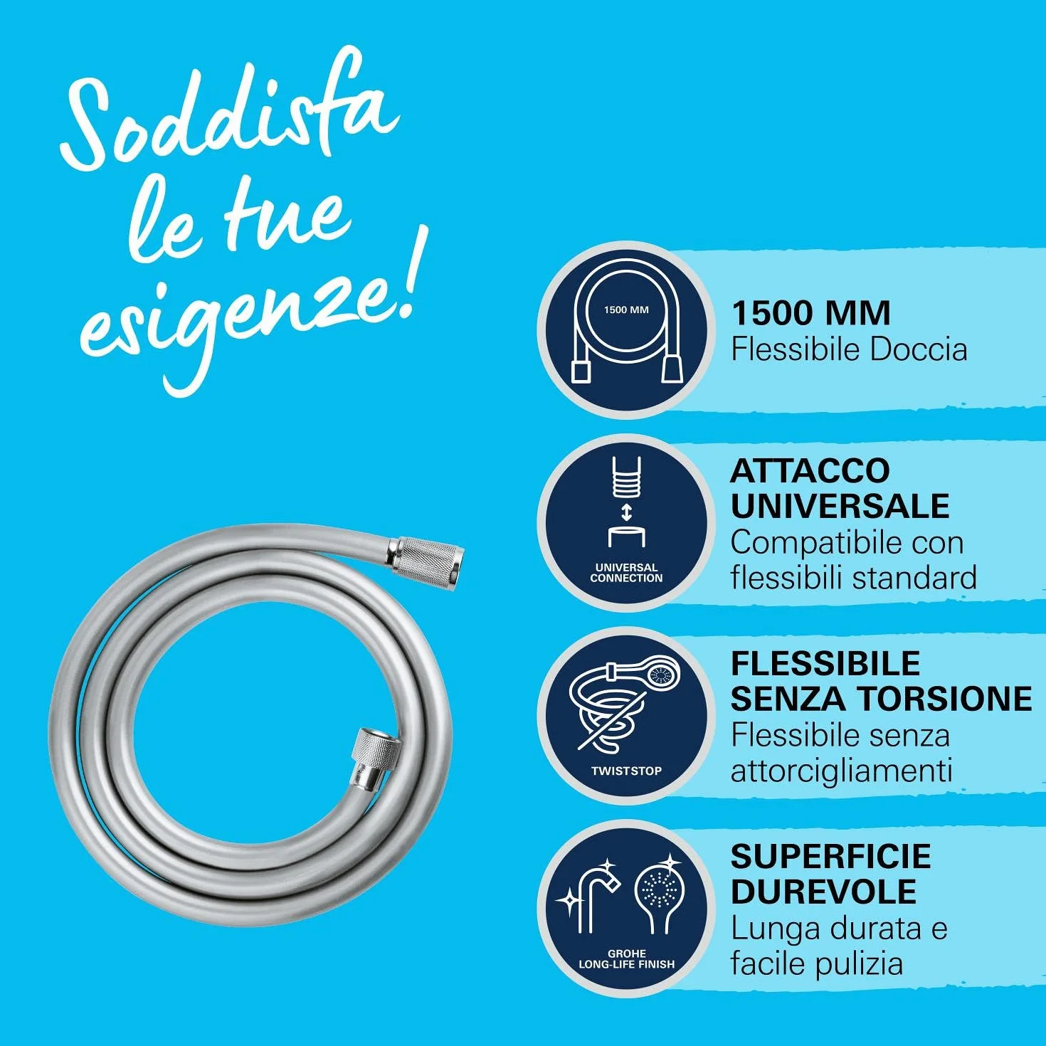GROHE QUICKFIX VitalioFlex Trend, Flessibile doccia, 1500mm, In metallo, 28741002
