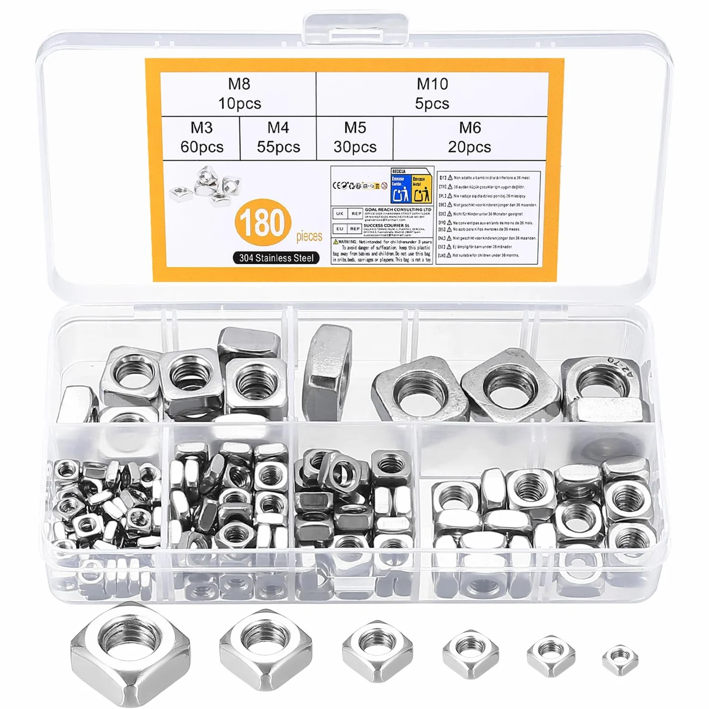 Dadi Quadrati in Acciaio Inossidabile M3 M4 M5 M6 M8 M10 180 Pezzi