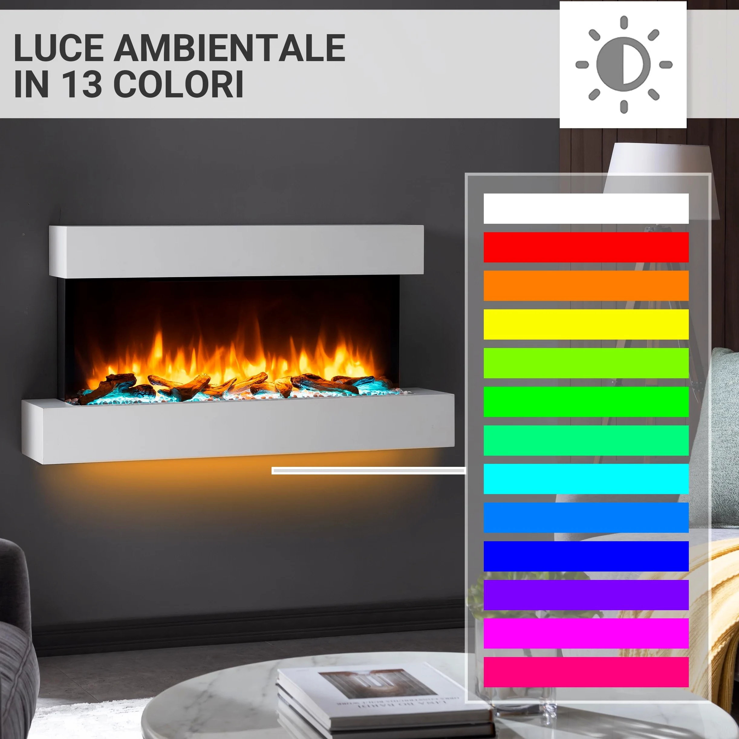 BALDERIA Camino Elettrico da Parete | Caminetto con Effetto Fiamma 3D | Riscaldamento 2000 W | Focolare Sospeso con Telecomando, Timer, Termostato | Bianco