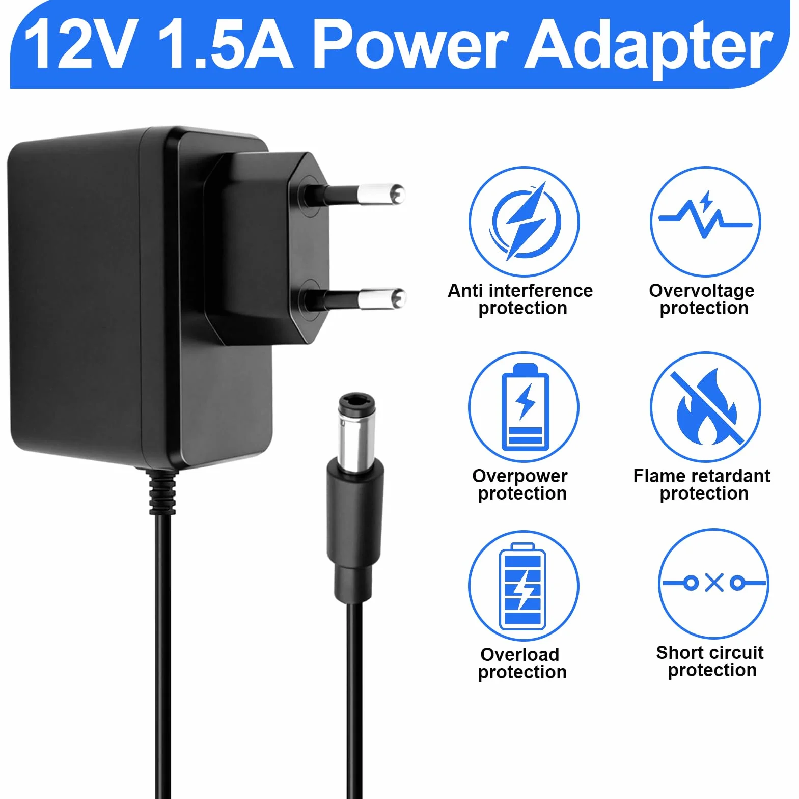 Adattatore Alimentazione 12V 1,5A Universale, Alimentatore AC/DC 100–240V con Presa Jack DC 5,5×2,5 mm, Caricatore per TV Box, Strisce LED, Router, Telecamere, Lampade, Cavo 1.5 m
