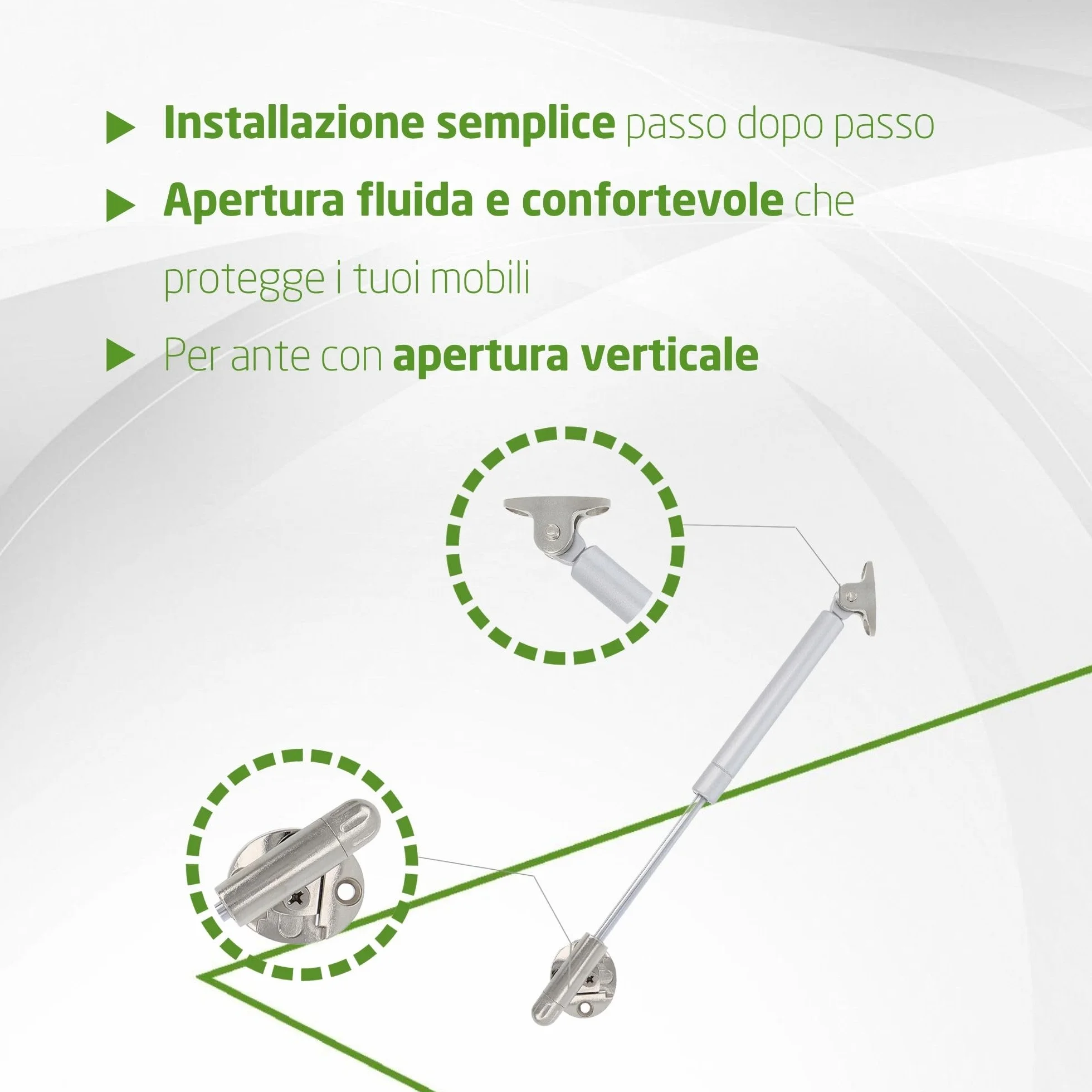 Amig - Bussola a gas per sollevare porte apribili - Mod.98 - Resistenza di carico: 12 kg - Ammortizzatore regolabile per apertura verso l'alto senza impatto - Argento