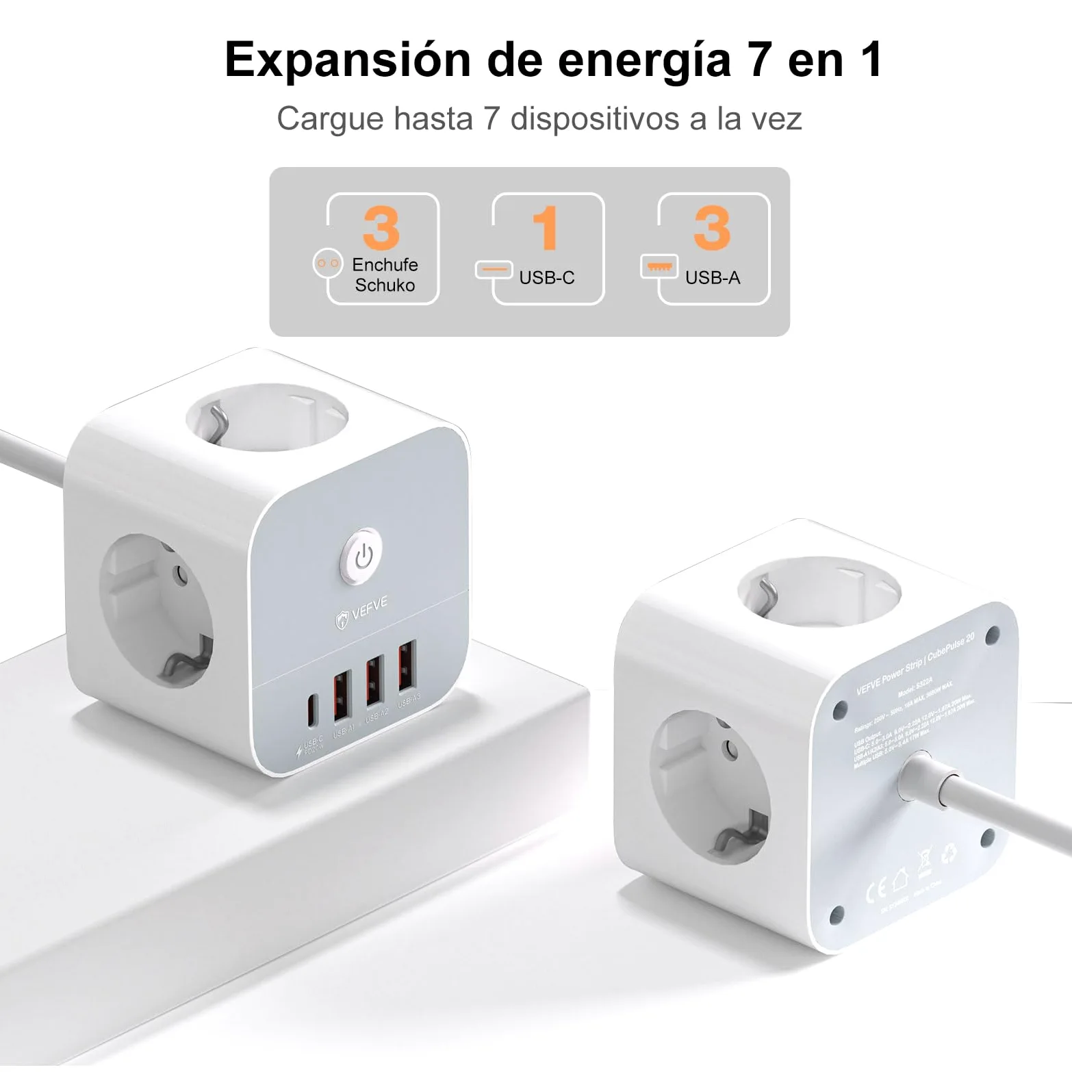 VEFVE Ciabatta con cavo, 7 in 1 cubo, presa multipla con USB C 20 W, 3 prese, 1 USB-C e 3 USB-A, 3680 W con interruttore, cavo di prolunga da 5 m