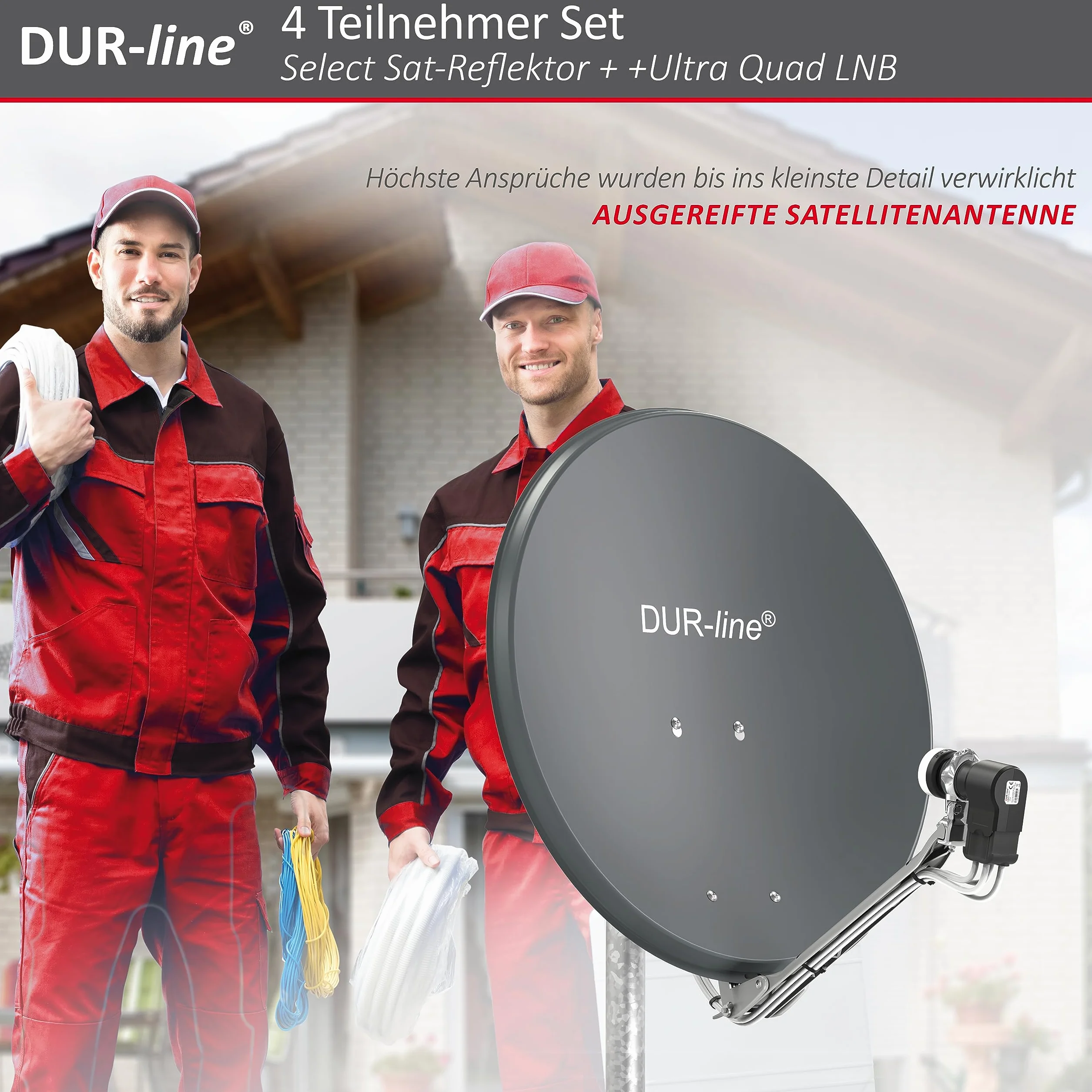DUR-line Set da 4 partecipanti – Impianto satellitare in alluminio di alta qualità – Select 60 cm/65 cm specchio/ciotola antracite + Quad LNB – per 4 ricevitori/TV [Tecnologia all'avanguardia, DVB-S2,