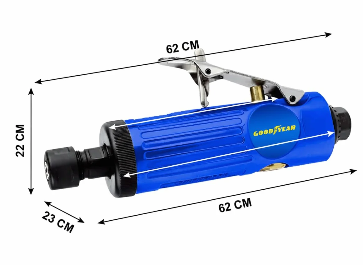 Goodyear - Smerigliatrice diritta pneumatica professionale 22000 rpm 1/4" e 1/8", lega di alluminio, kit con 10 pietre per affilare, 2 mandrini e accessori inclusi (Amoladora recta)