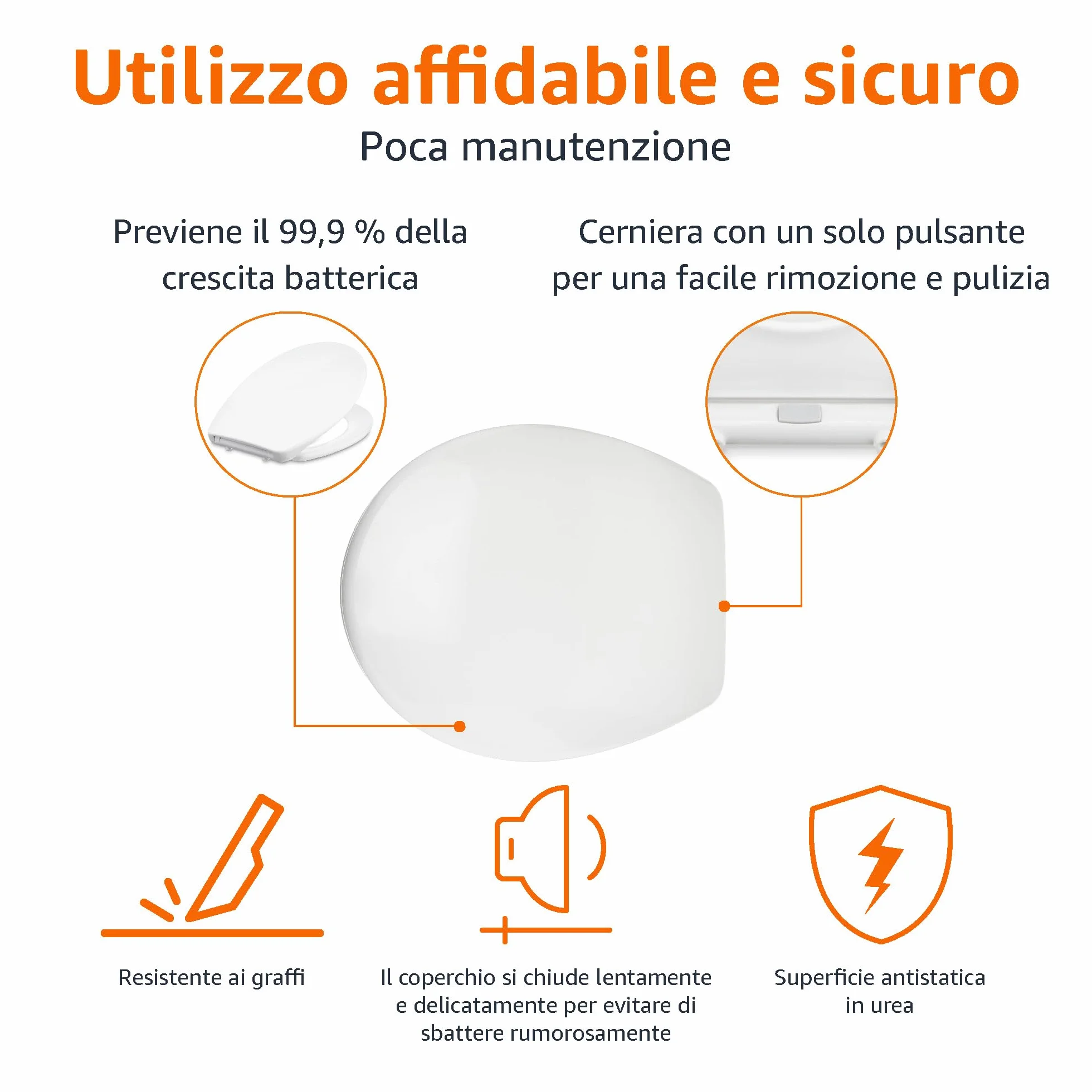Amazon Basics Ovale Sedile WC in urea, resistente, con chiusura ammortizzata e sgancio rapido, dimensioni universali, 37 x 42.5 cm, Bianco